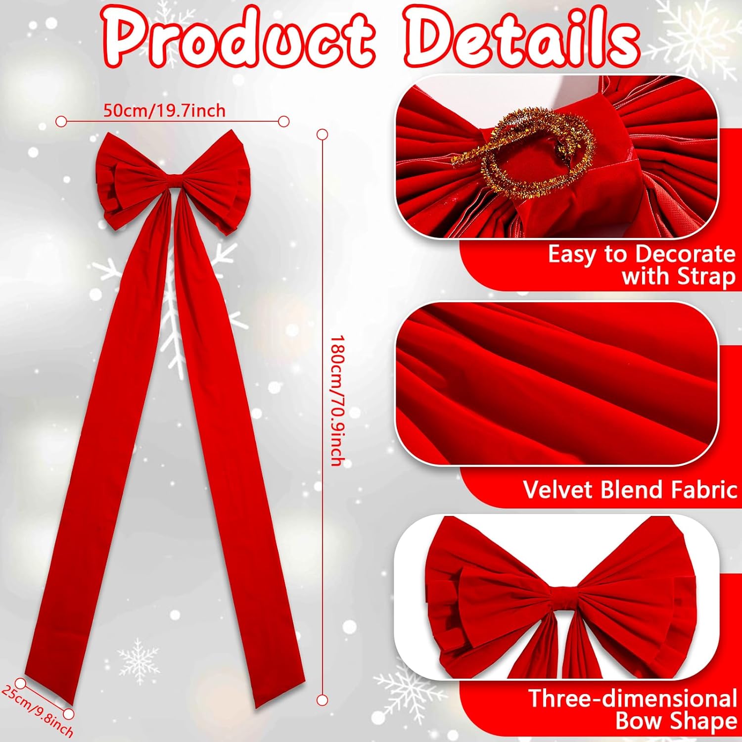 Extra Large Christmas Tree Topper Bow 71 x 24 Inch Christmas Wreath Bows Giant Velvet Decorative Bows with Long Streamers for Home Holiday Front Door Patio Indoor Outdoor Decor Party Supplies(Red)
