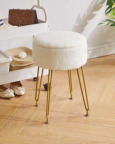 Miniatura 5 de IBUYKE Taburete Otomano con Almacenamiento de Terciopelo Estilo Teddy, Taburete de Maquillaje con Mesa Lateral Desmontable, Patas de Acero Dorado,