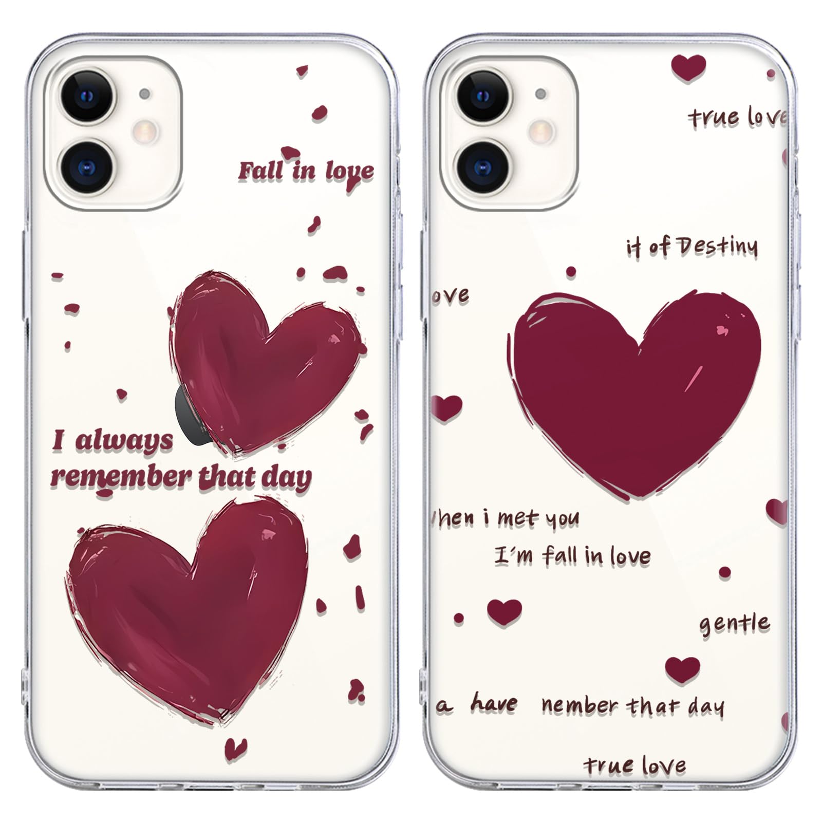 2 Pack Red Heart Pattern Phone Case for iPhone 11,Aesthetic Cute Creative Text Cover for Teens Girls Women,Fashion Design Cases Clear Soft TPU Shockproof Funda for iPhone 11 6.1