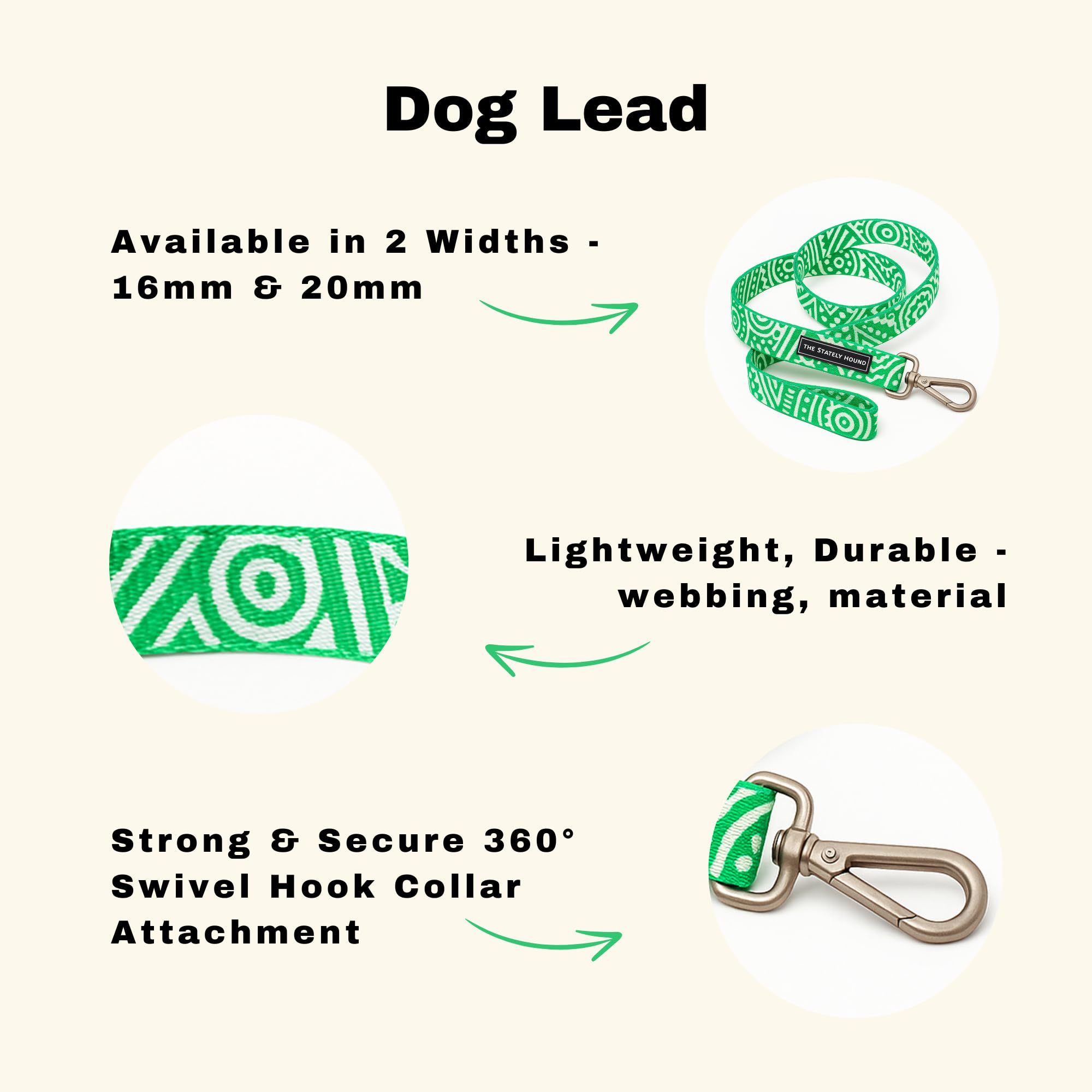 The Stately Hound Green Dog Lead, 120 cm Long Waterproof Heavy-Duty Nylon Leash for Small & Medium Dogs, Locking Carabiner - Image 2