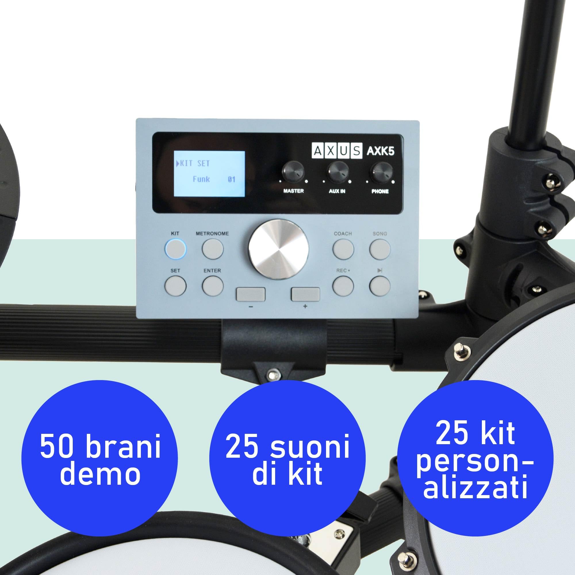 Axus AXK5 Batteria Elettronica - Set Completo con Teste Mesh, 25 Suoni, USB MIDI, Cuffie, Sgabello & Bacchette Incluse - Perfetta per Principianti Adulti Bambini Pratica Casa