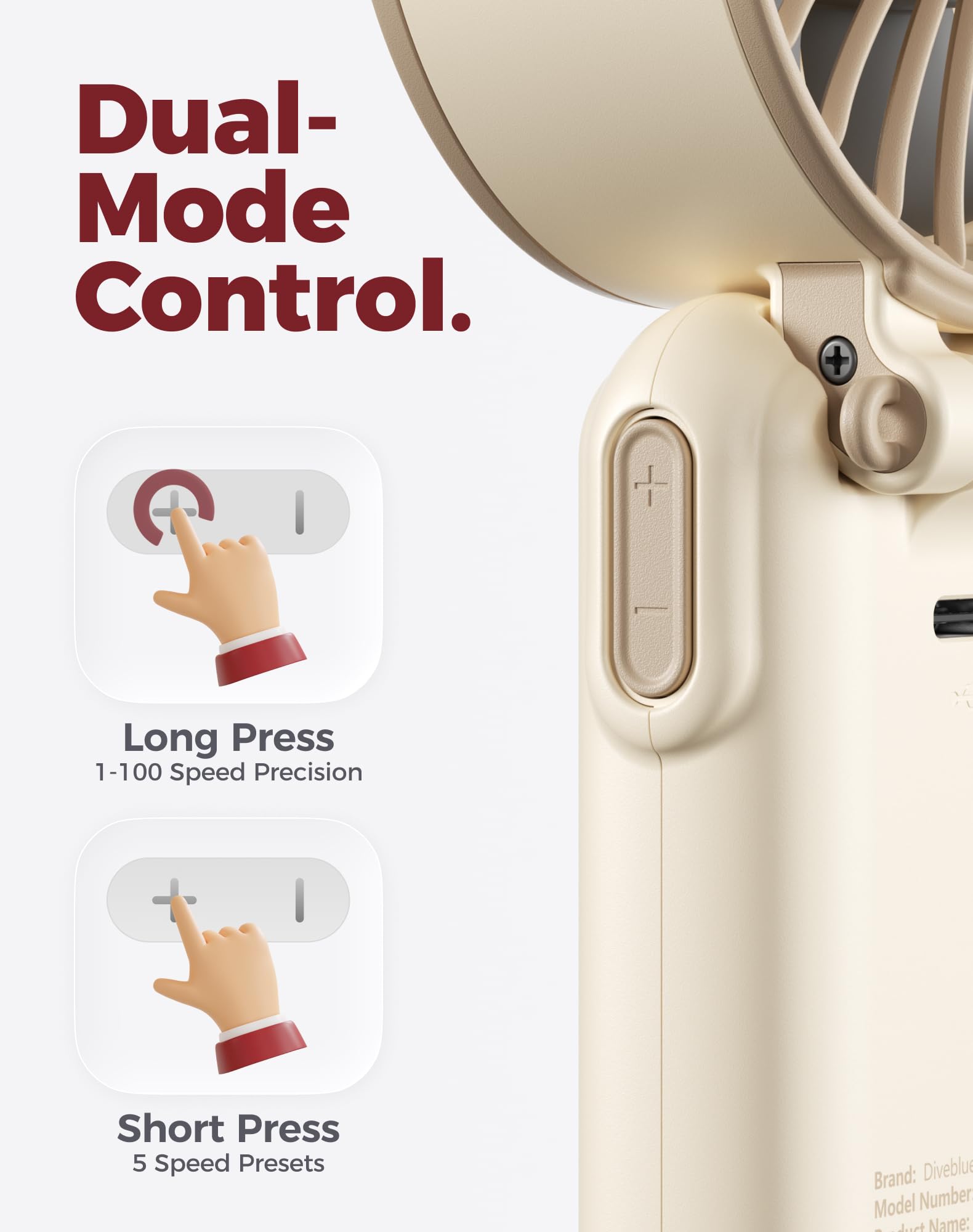 Diveblues Portable Handheld Fan, 7.4m/s High Speed Turbo Fan, 180° Foldable 4-in-1 Personal Neck Fan Carabiner Clip, 100 Speed Stepless Control, USB-C Rechargeable for Travel, Makeup Hot Flashes,D6036 - 5