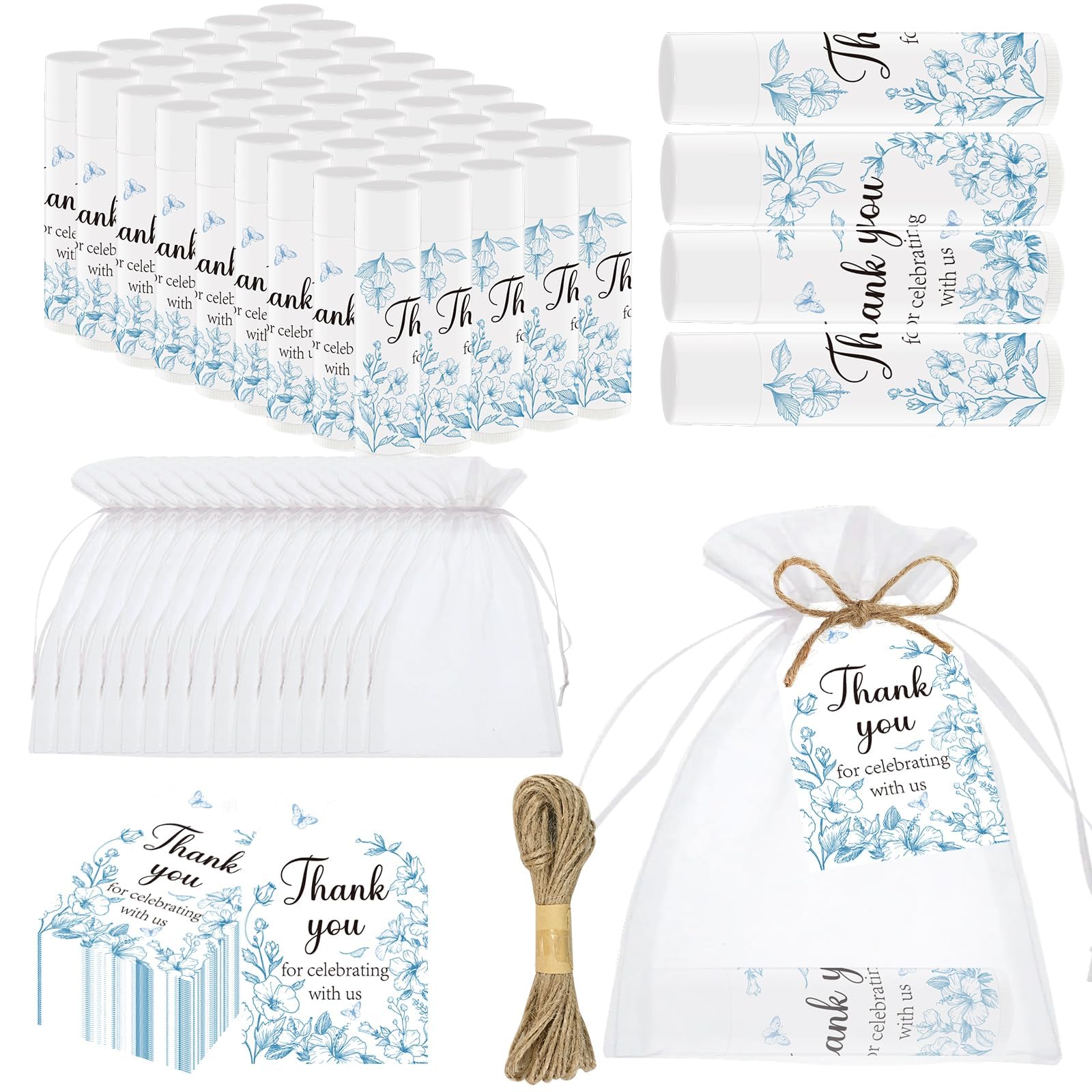 50 PCS Blue Flower Bridal Baby Shower Lip Balm Gift Baby Shower Favor Party Wedding and Engagement Party Bulk Lip Balm Thank You Gifts with Card Tags