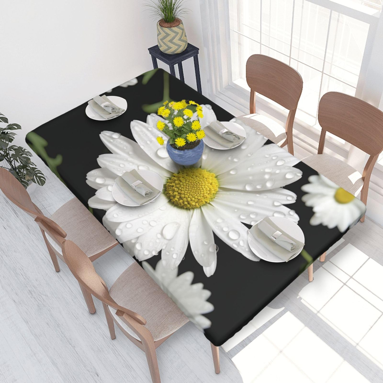 DCARSETCV White Printed 4FT Waterproof Tablecloth with Elastic Edged Protect & Decor Your Table, Oil-proof Washable Table Cloth Cover for Dinner Picnic Party