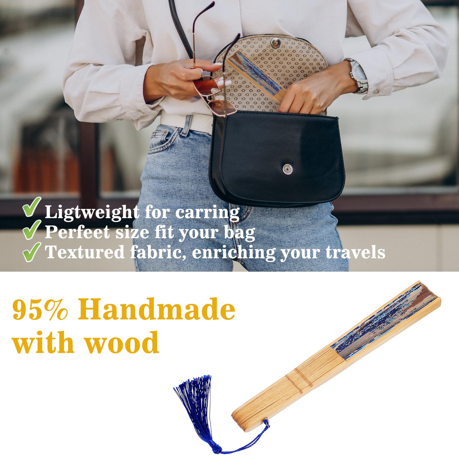 Grevosea Folding Hand Fan for Women and Men- Elegant Bamboo and Silk Fans Wooden Folding Bamboo Gan Hand Fans for Weddings Parties and Home Decor - Image 4