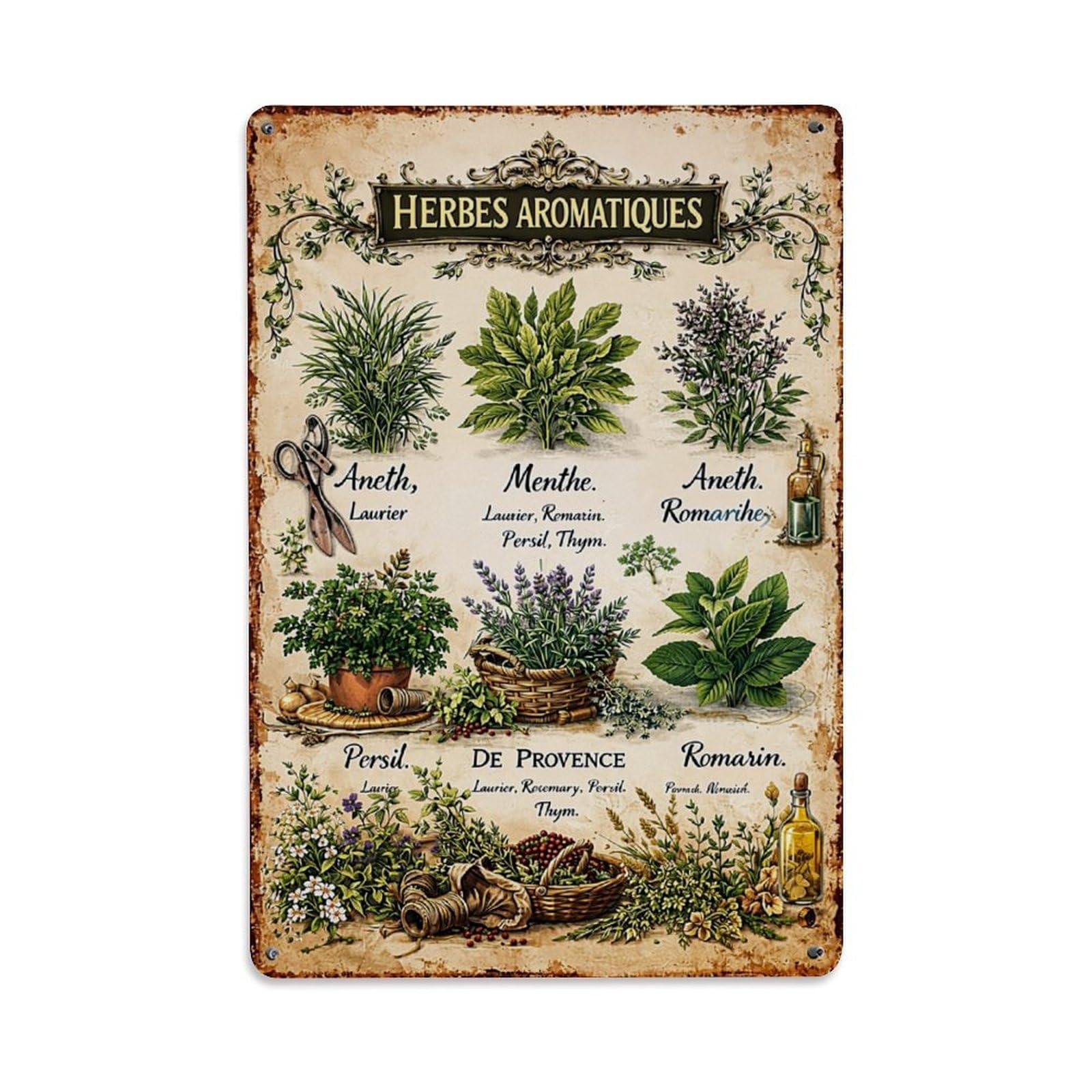 Nestemfo Vintage Herbes Aromatiques Botanical Illustration Tin Sign Metal Sign, Living Room,Bar, Home, Bedroom Wall Decor,Retro Metal Poster 8X12 Inches