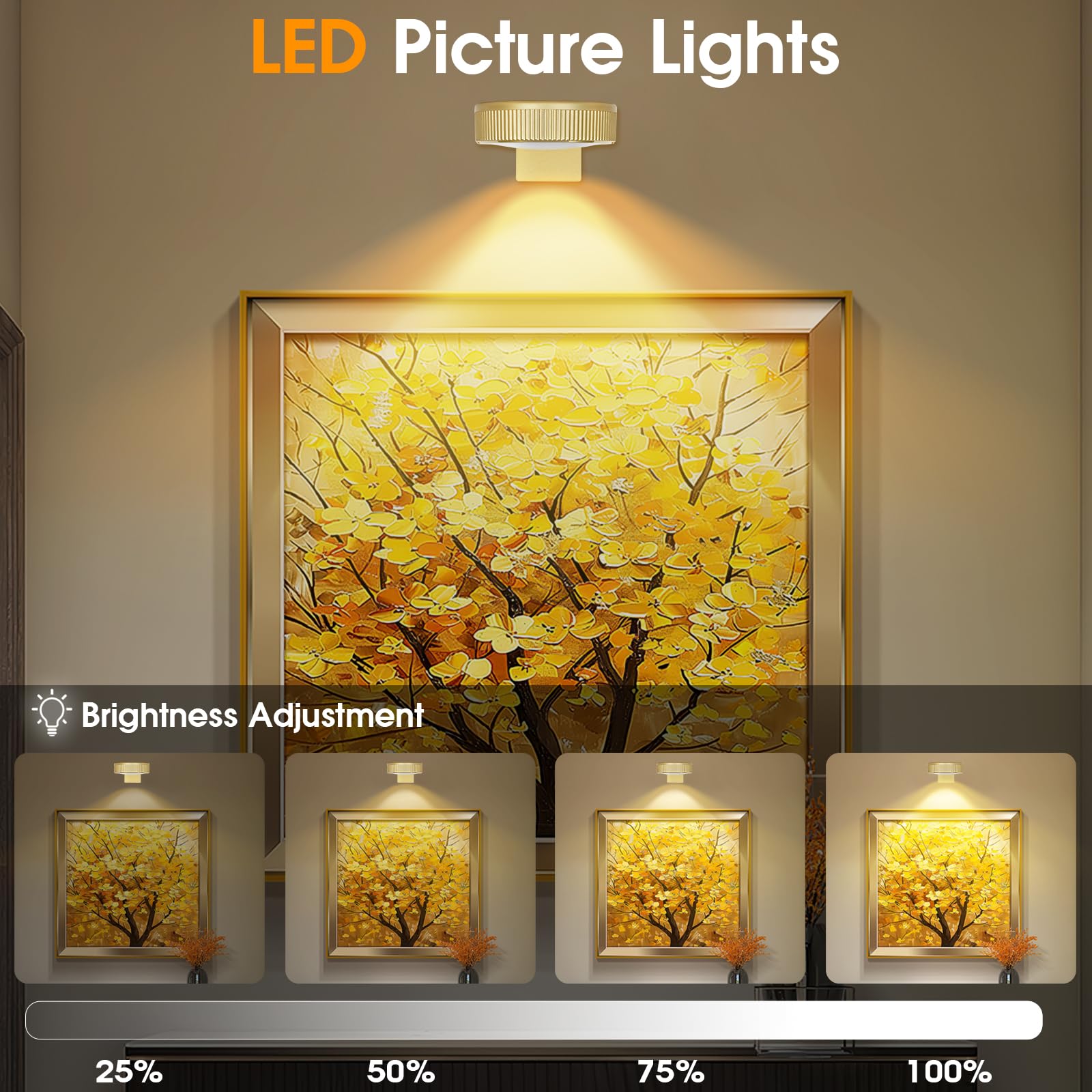 SIXDEFLY RGB Magnetic Suction Spotlight - Battery-Powered, Wireless, Remote Control with Adjustable Timer for Art Displays and Galleries 3 Pack Gold