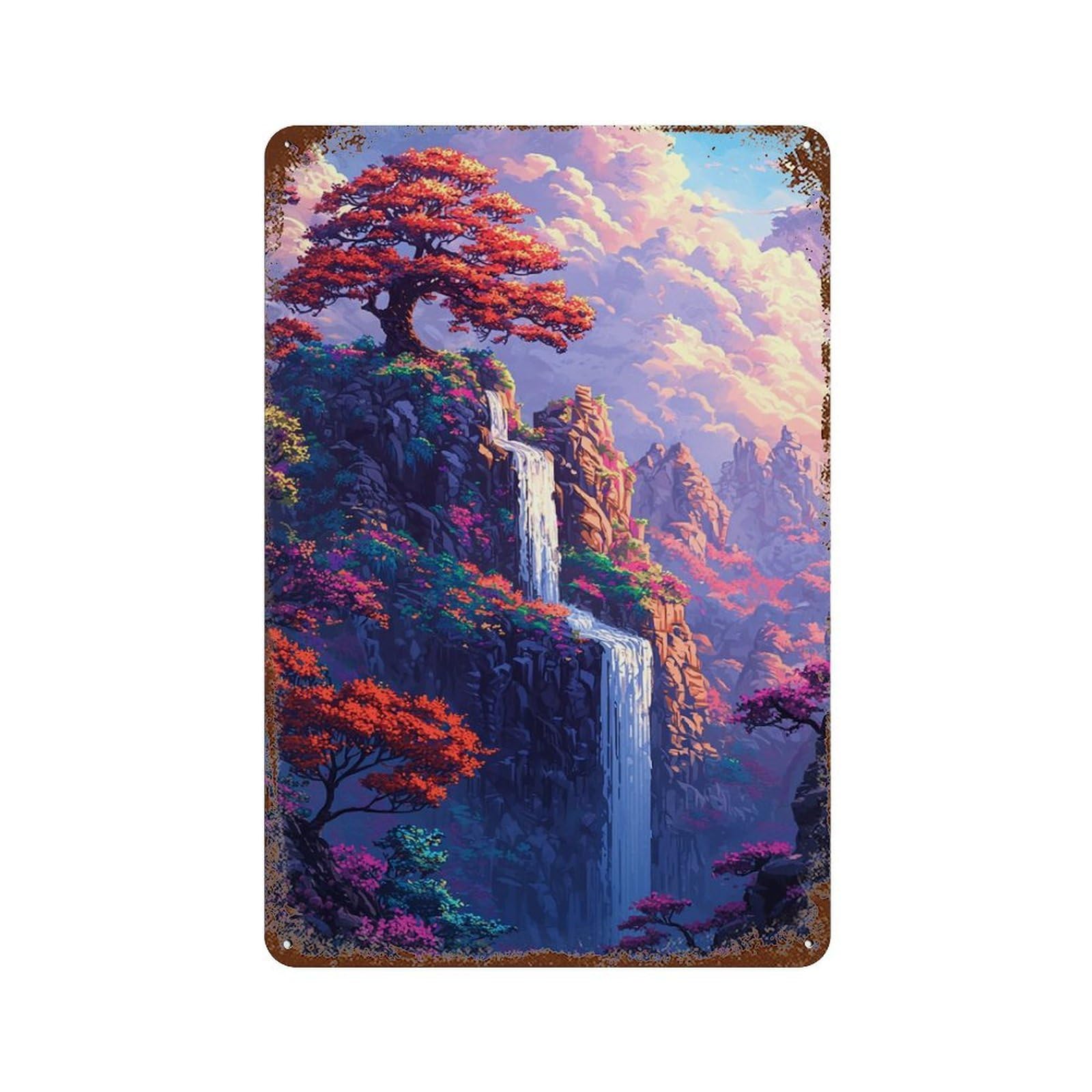 Rainbow Mountain Waterfall Scene Distressed Metal Wall Sign 11.8"x7.9", for Farmhouse, Kitchen And Entryway Decor, Rustic Home Decor