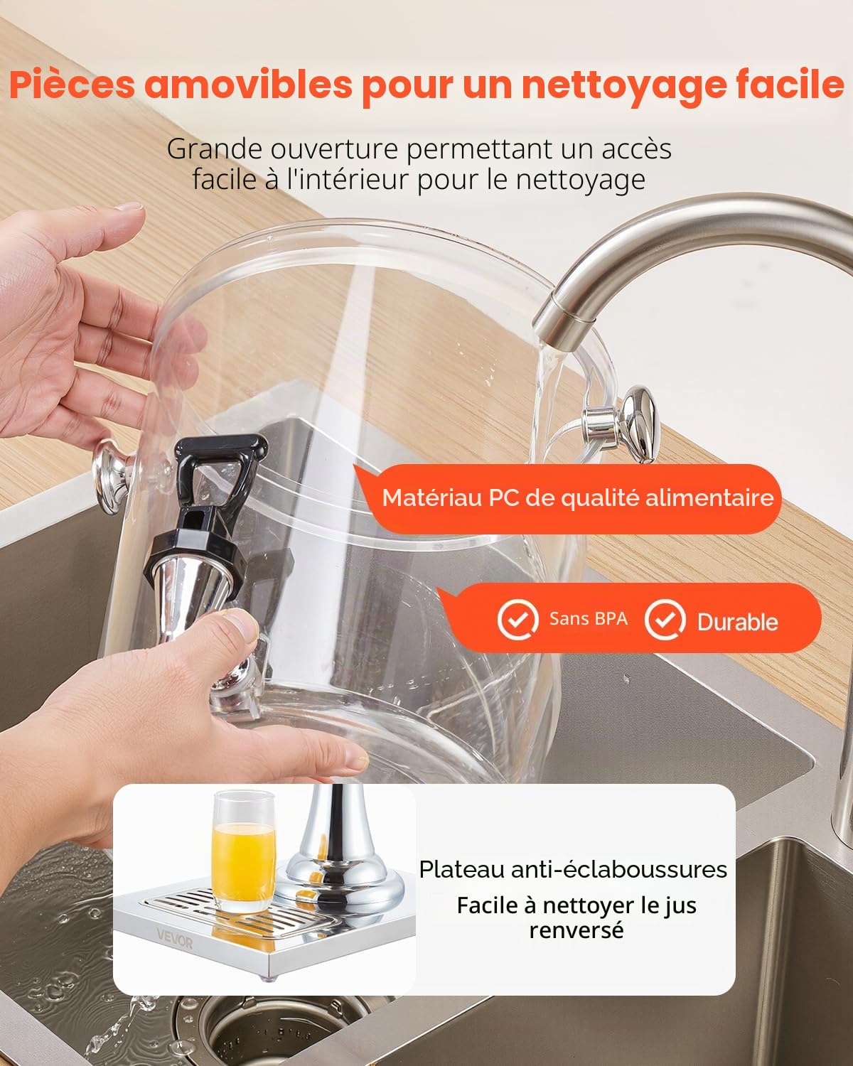 VEVOR Distributeur de Boissons Capacité 8 L, Fontaine à Eau en Acier Inoxydable et Plastique, avec Robinet, Compartiment à Glace et Plateau, Distribution de Jus Limonade Thé Glacé, Restaurant Café