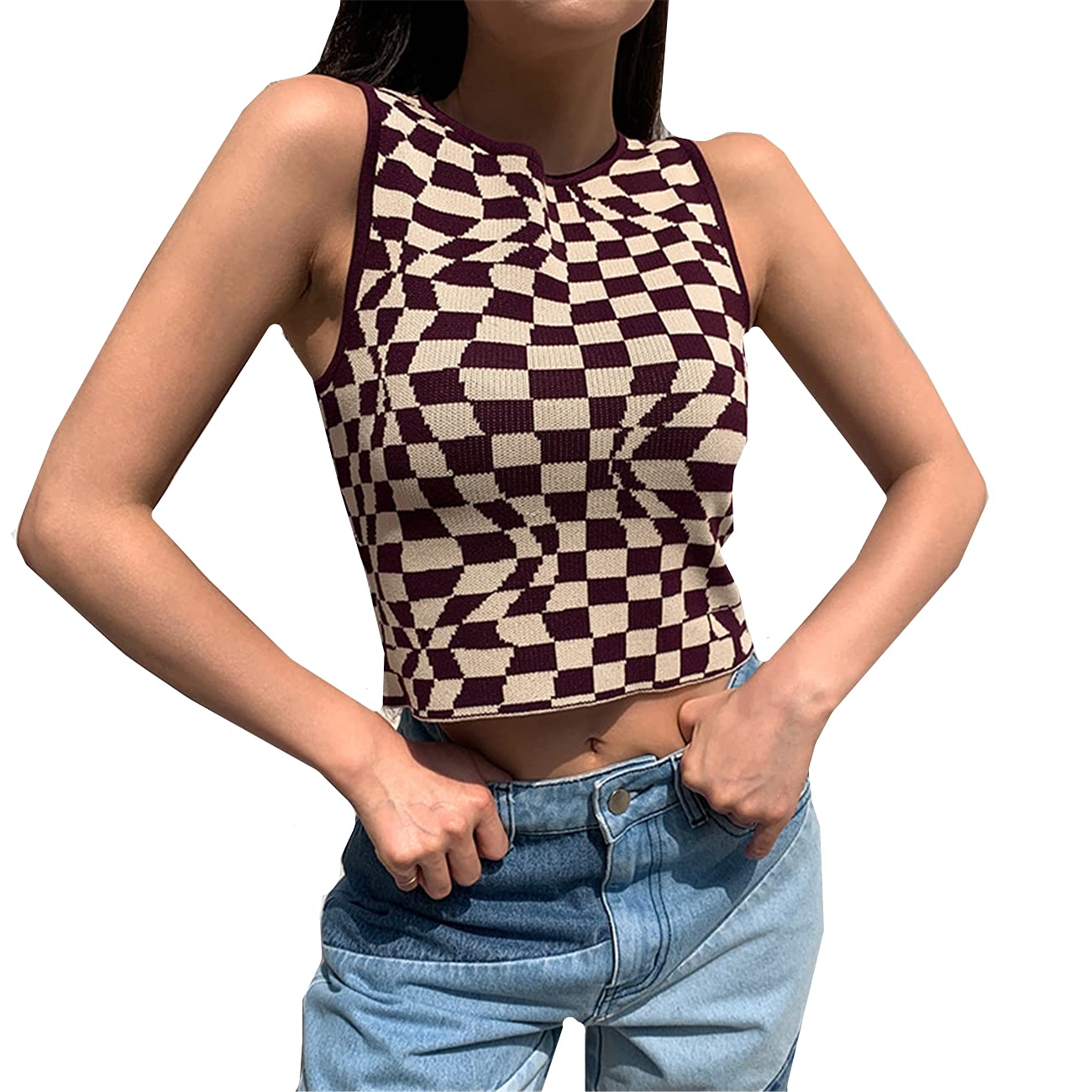 Women's Plaid Printed Sleeveless O Neck Camisole Harajuku Vintage Knitted Cropped Tank Top