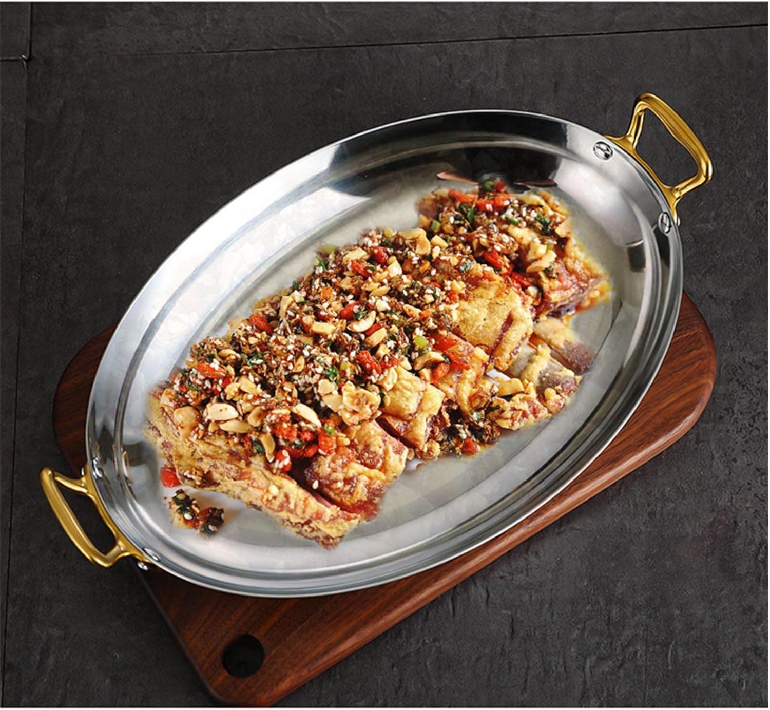 Piatto ovale in acciaio inox resistente, vassoio da portata in metallo da 40 cm con doppi manici per pesce, tacchino, sushi e carne, perfetto per feste e intrattenimento