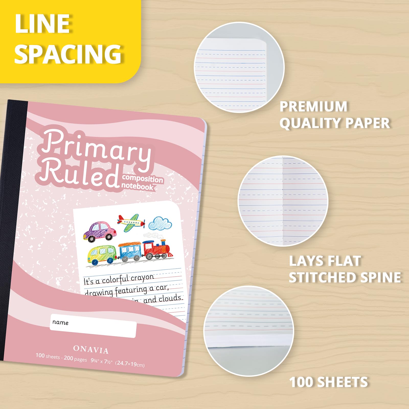 ONAVIA Cuaderno de composición de diario primario, grados K-2, 100 hojas, paquete de 12, 9-3/4 x 7-1/2 pulgadas, cuaderno de escritura y dibujo para niños, color rosa