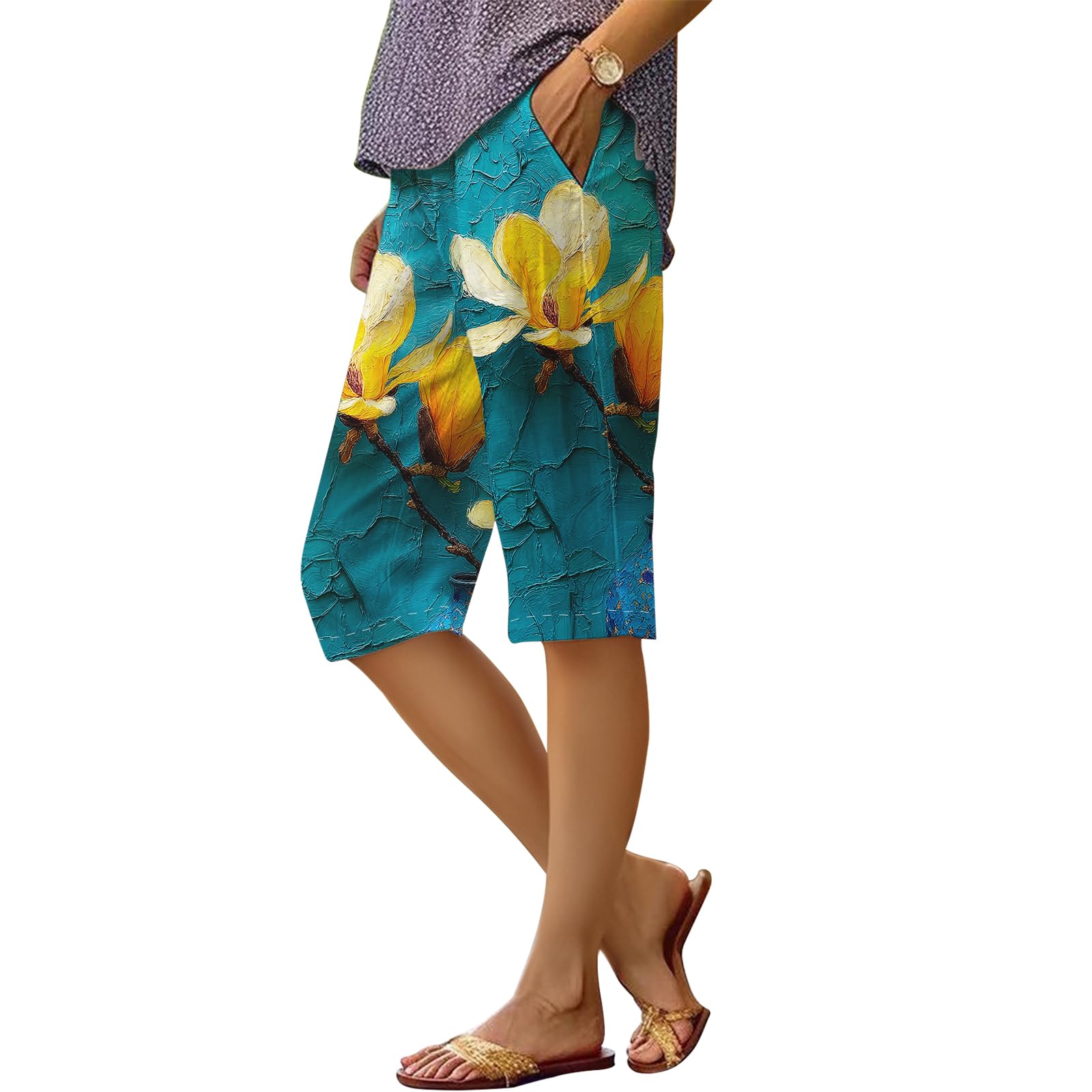 Womens Summer Casual Floral Boho Beach Pants Drawstring Cotton Loose Knee Length Athletic Bermuda Shorts with Pockets