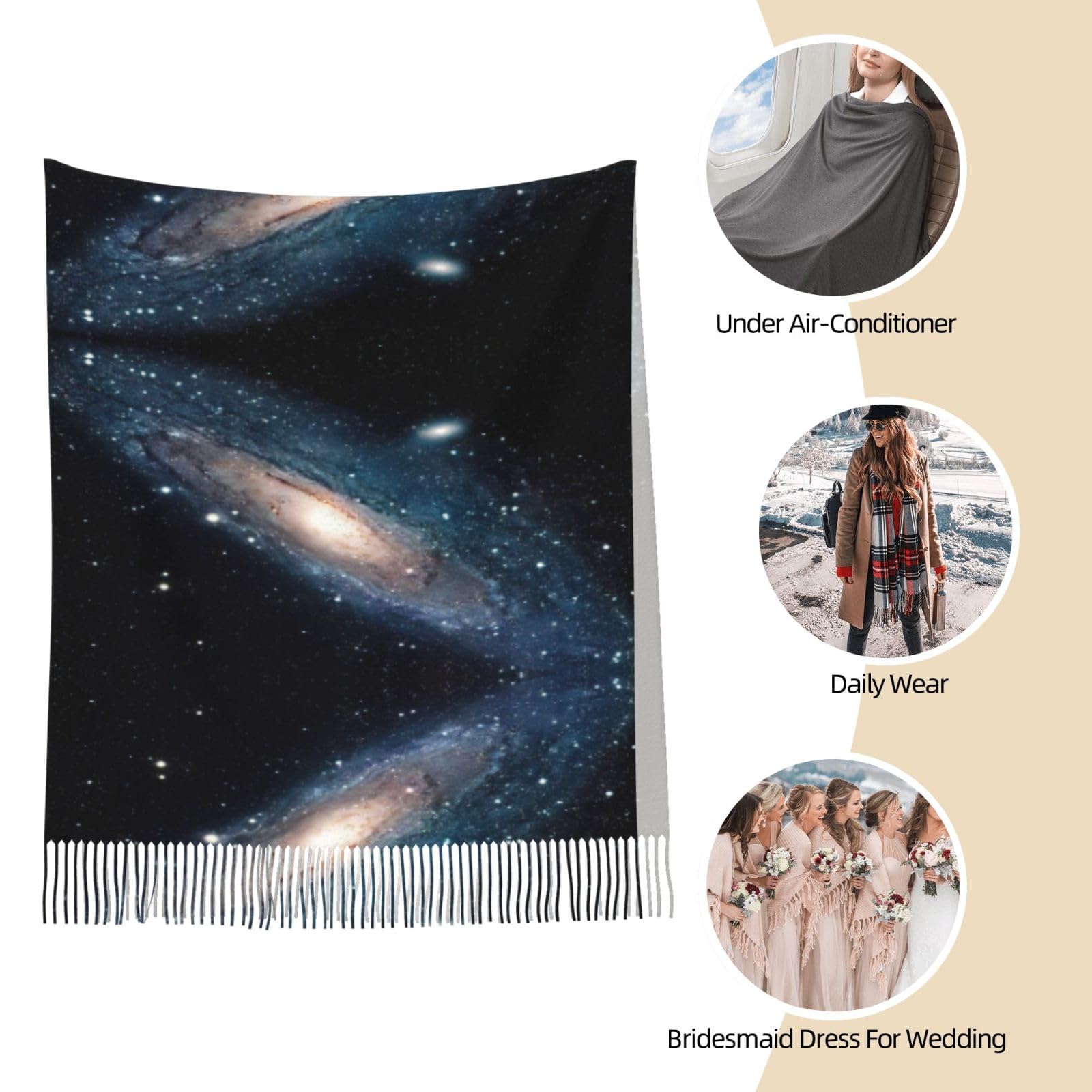 Damenschal mit Galaxie-Universum und Sternen, Weltraum-Druck, Herbst, Winter, modisch, Fransen, weich, warm, sonnenfester Wickelschal