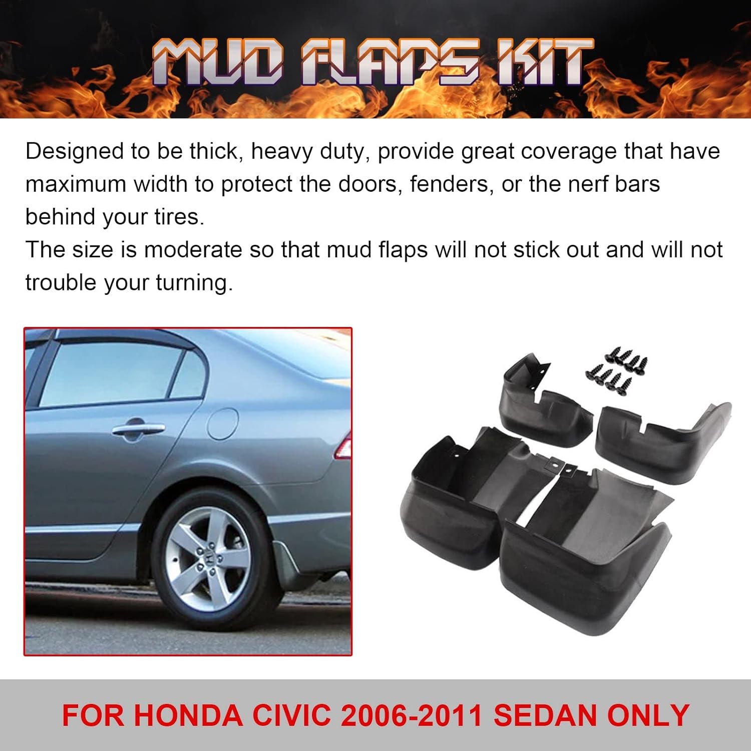 x xotic tech 4PCS Front & Rear Mud Flap Splash Guards Fender Flare Mudguard Dirt Slush Trap Protector w/Hardware Accessories Full Set Compatible with Honda Civic Sedan 2006-2011
