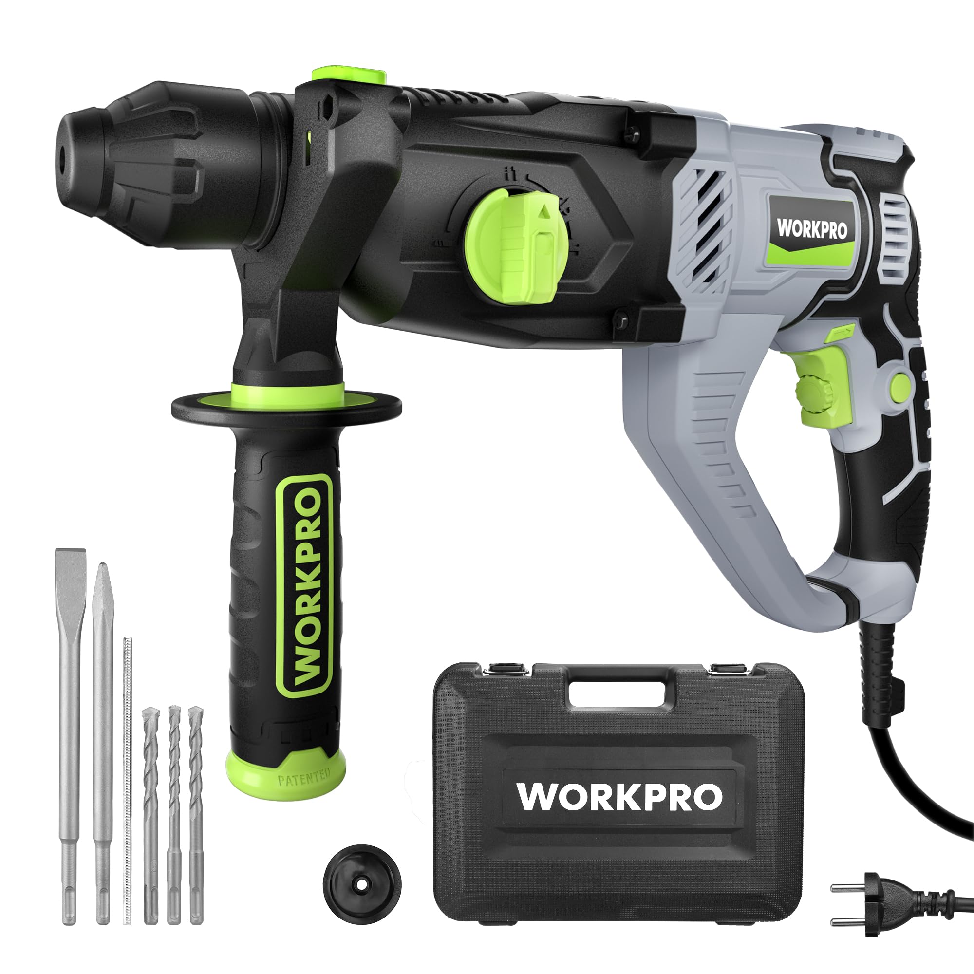 WORKPRO Martillo Perforador 1050W SDS Plus, Taladro Percutor Eléctrico con 4 Funciones, Velocidad Variable y Mango Giratorio 360°, Incluye Brocas para Hormigón, Madera y Metal