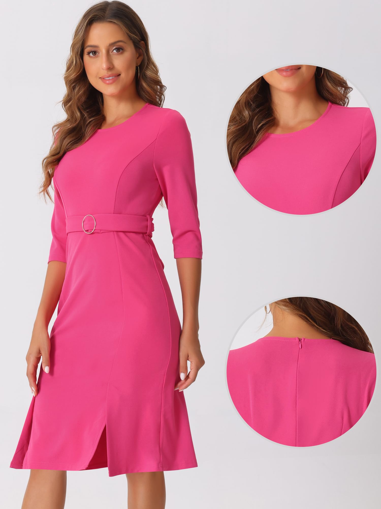 Allegra K Elegante Vestido de Tubo para Mujer, Cuello Redondo, Manga 3/4, Abertura en la Oficina, Vestidos de lápiz con cinturón