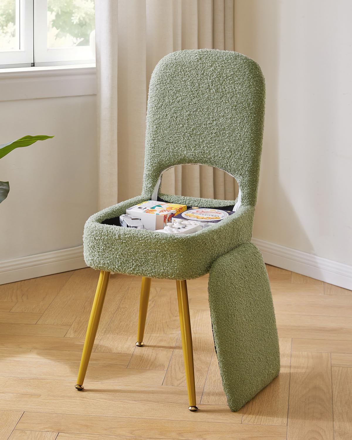 IBUYKE Stuoia da toeletta con schienale pieghevole, Ottomano quadrato in velluto Teddy, Sedia da trucco per soggiorno, 4 gambe metalliche con piedi antiscivolo, Verde WBD027D
