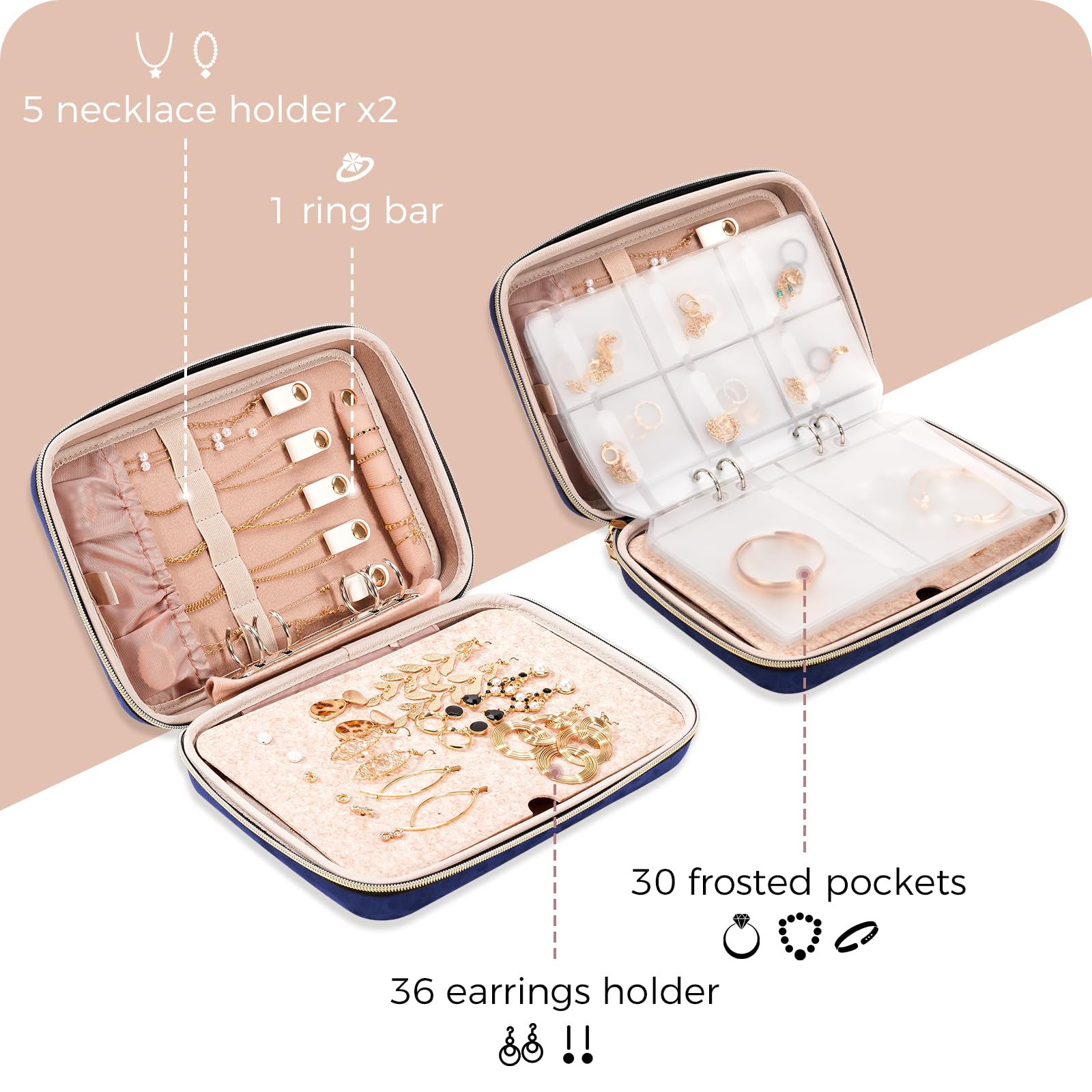 Organiseur Bijoux Voyage - Livre à 120 Poches + 20 Pochettes, Double Face, Fermeture Éclair