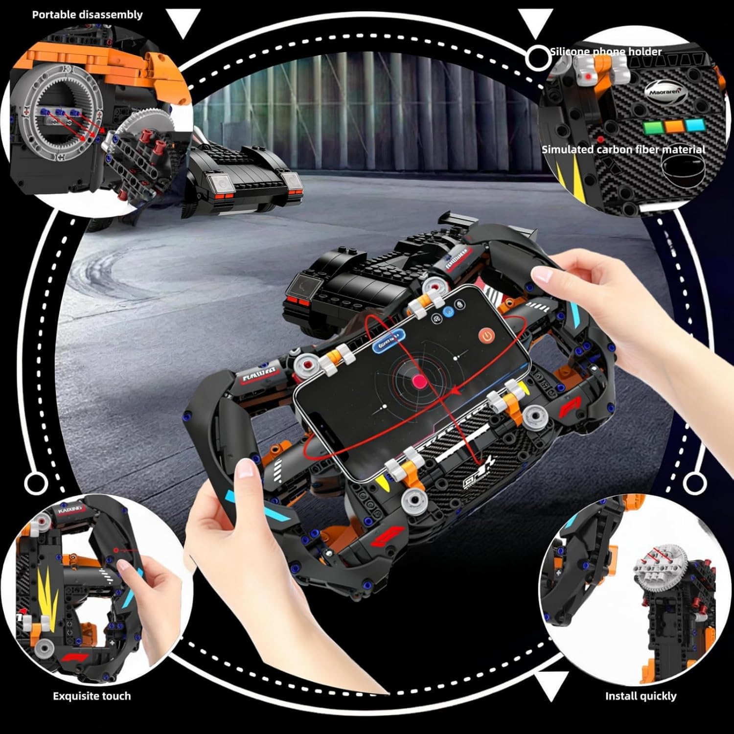 Racing Simulator Steering Wheel Building Set, Formula Driving Racing Cars Wheel Toy with Moving Parts and 360 ° Rotating Bracket Compatible with Lego Car Sets, Home Office Decor Gifts for Adults