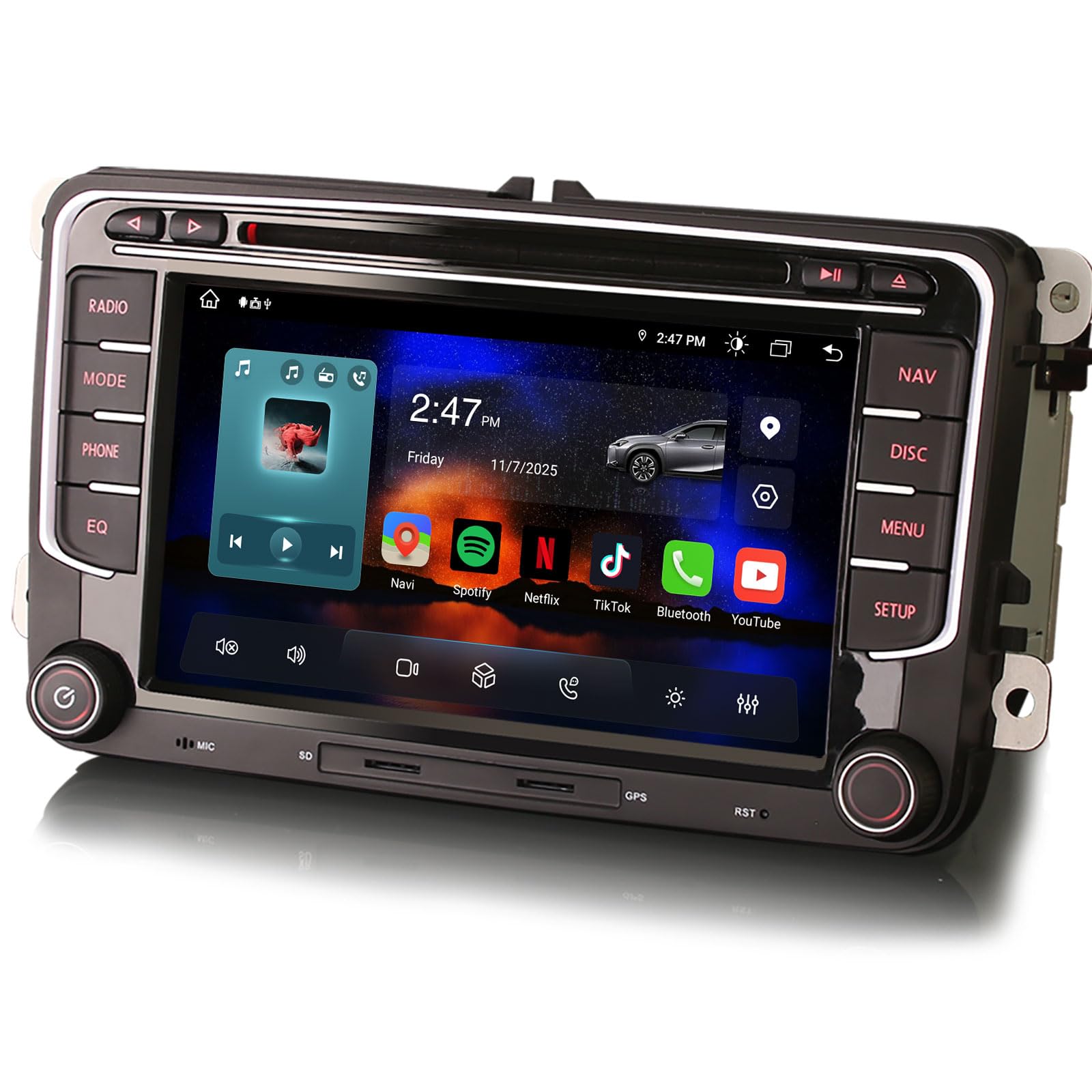 Erisin 7 Zoll 8-Kern 4GB+64GB Android 14 Autoradio Bluetooth mit GPS Navi Für VW Passat B6 Golf 5 Golf 6 T5 Touran Tiguan Polo Jetta Seat Skoda CarPlay Android Auto WiFi DAB+ OBD2 RDS OPS CD DVD USB