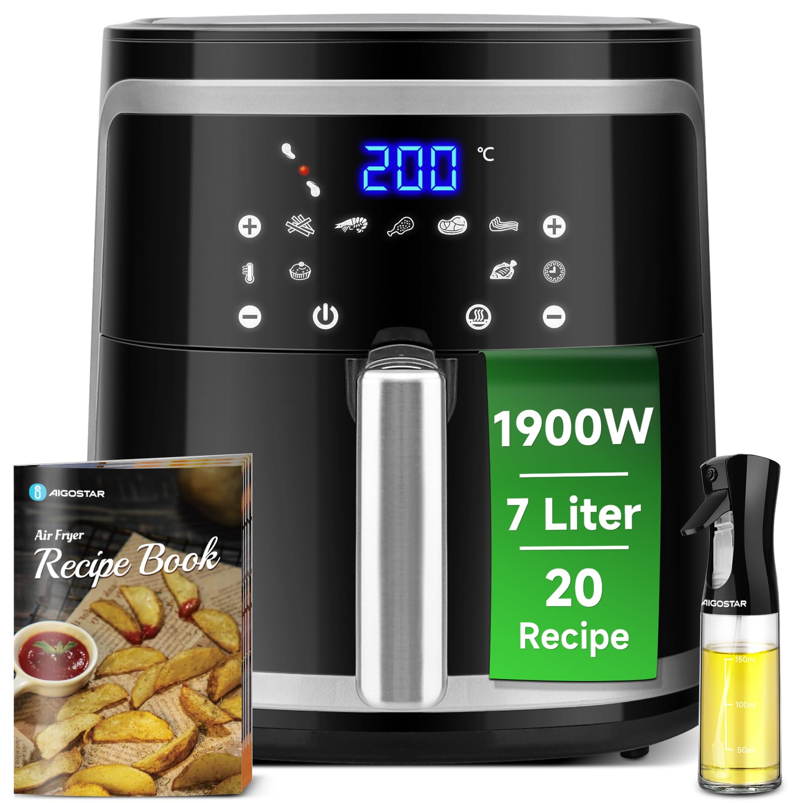 Aigostar Freidora de Aire 7L, 1900 W, Freidora sin Aceite con 7 Funciones, Pantalla Táctil LED, Doble Uso: con Cesta o Cajón. Sin BPA. Libro de Recetas Incluido, Cesta Antiadherente, Negra(IBT)