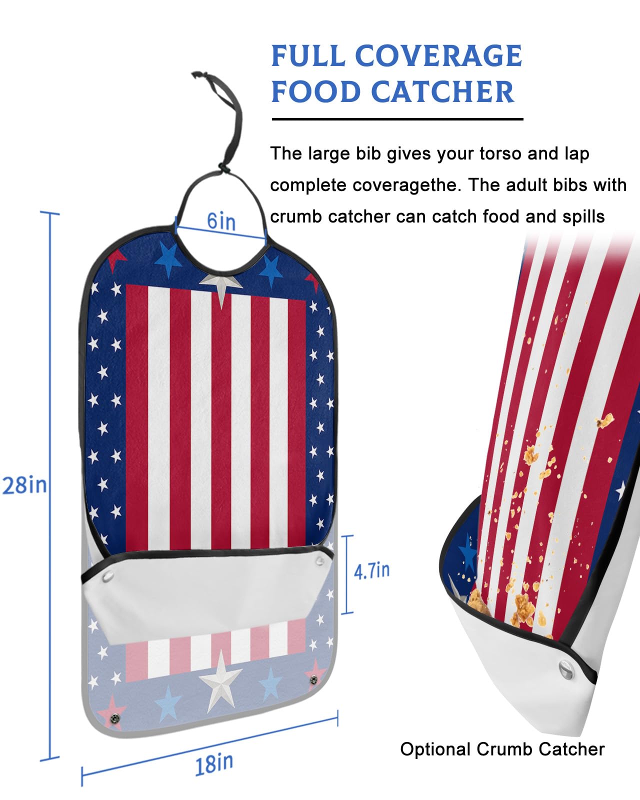 Kewadony Adult Bibs for Elderly Women - 4th of July Waterproof Dining Clothing Protectors with Crumb Catcher for Eating/Feeding, American Flag Red Striped Star Independence Day Terry Cloth Bib