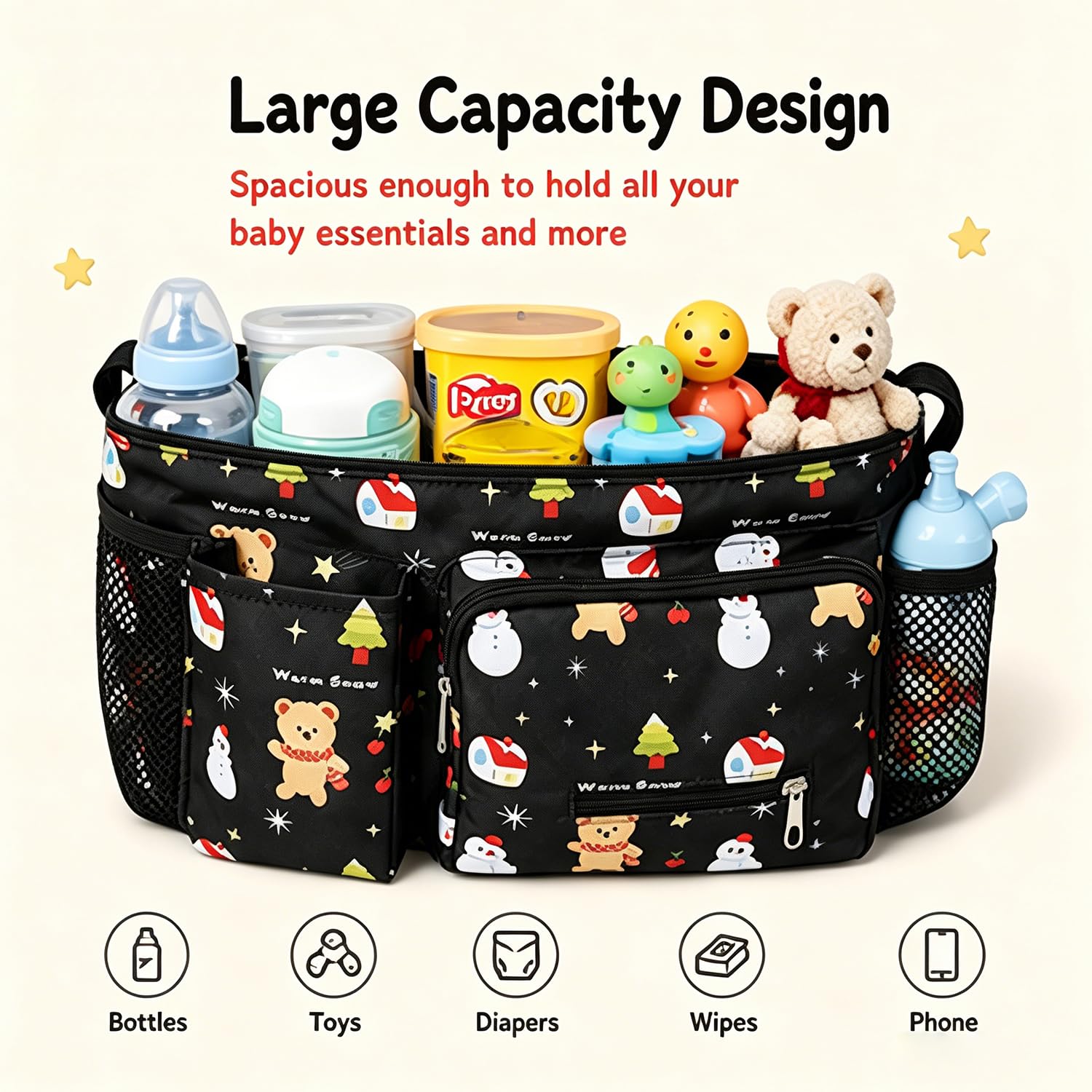 Kinderwagen-Organizer-Tasche, universeller Kinderwagen-Caddy mit Getränkehaltern, große Kapazität, Aufbewahrungstasche für Windeln, Spielzeug, Snacks, passend für die meisten Kinderwagen