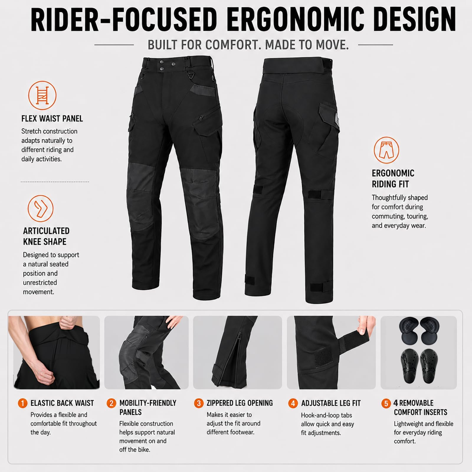 Motorradhose Herren Cargo aus Oxford-Gewebe, Biker Hose mit Belüftung, Mehrtaschen-Design, Ergonomischem Schnitt und Verstellbarem Bund für Alltag, Pendeln & Touring