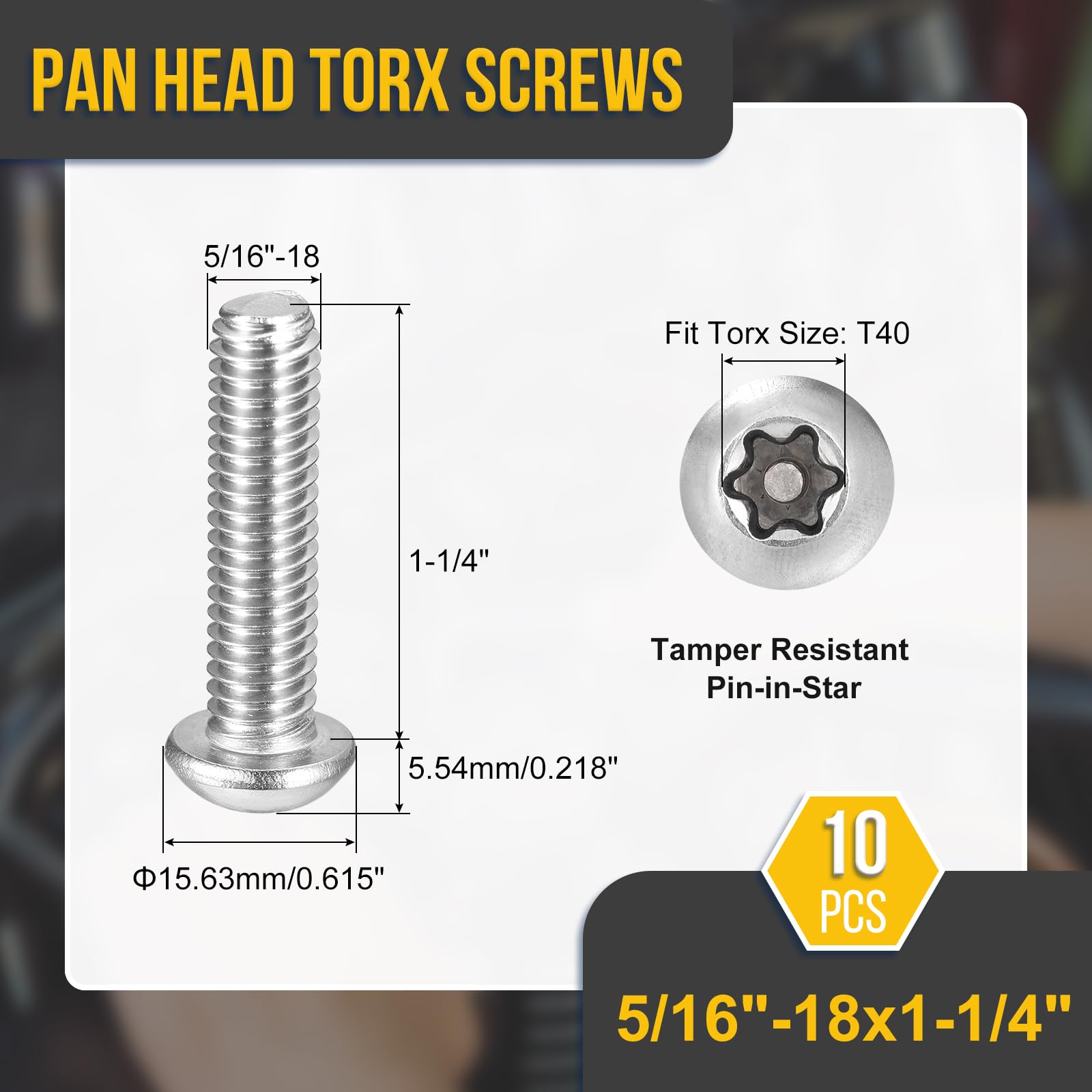 DTGN 5/16"x1-1/4" Pan Head Torx Security Screw, 10Pack, Good for Machinery - Image 2