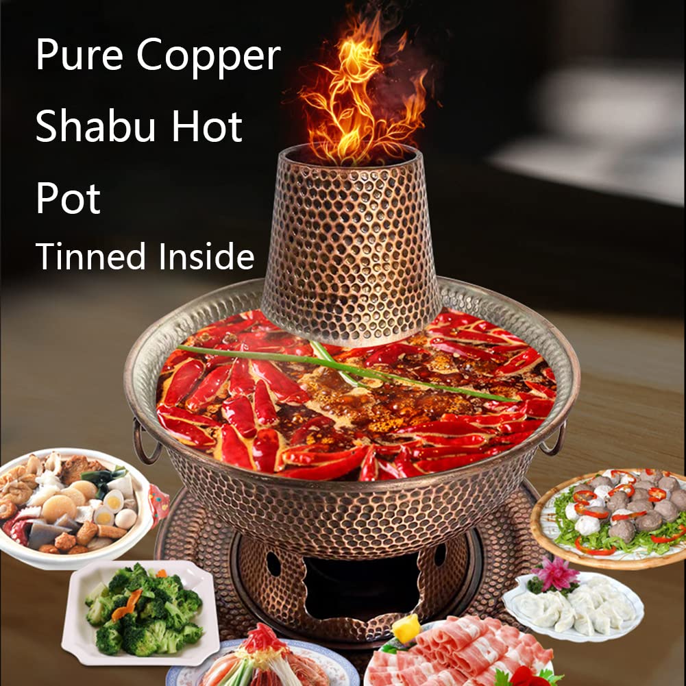 Miedziany garnek do gotowania na parze, Tradycyjny chiński miedziany garnek, ekstra gruby Shabu Vintage węglowy Hotpot Cooker ręczny młotek tradycyjny gulasz | 32cm