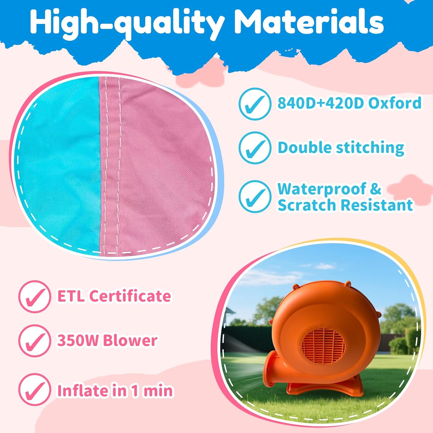 MUKDIY Inflatable Bounce House with Pool & Slide, 12x6.2ft Water Park Jumping Castle for Kids,Heavy-Duty 840D Oxford Fabric, Ages 3-8, Includes 350W Blower, 8 Stakes, Repair Kit (Up to 3 Kids), Pink