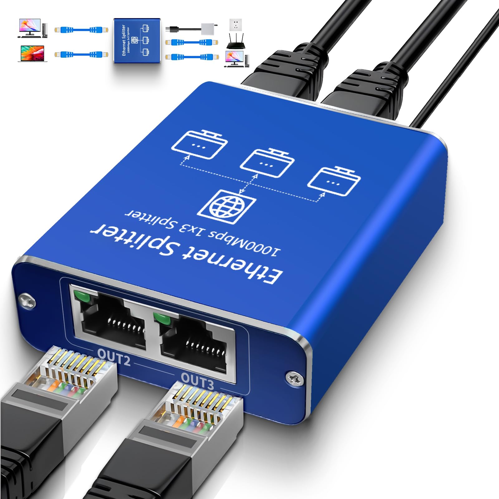 RJ45 LAN Splitter 1 Auf 4 – Gigabit Ethernet Switch Mit 4 Ports, Für Cat 5-8 Kabel, Plug & Play