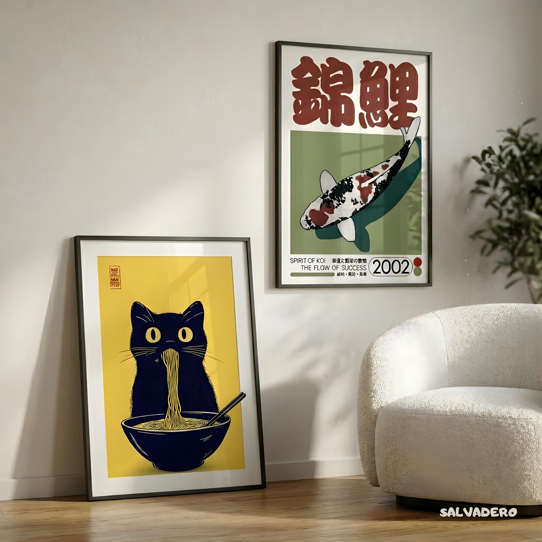 SALVADERO Set de 2 Affiches Japonaises Cat & Koi – Decoration Cuisine Salon Chambre – Grand Format 70x50 cm – Sans cadre