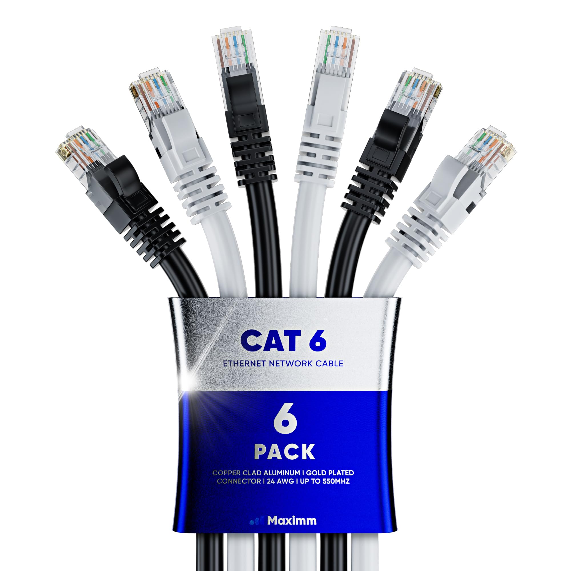 Maximm Cat 6 Ethernet Cable 12 ft 6 Pack - High-Speed LAN Cable, Internet Cable, Patch Cable, and Network Cable - UTP, 10Gbps, 550MHz Ethernet Cord -