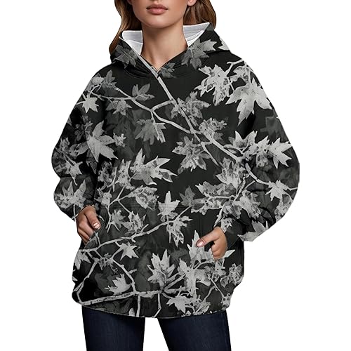Womens Camo Hoodies Maple Leaf Print Oversized Hooded Sweatshirt Fleece Pullover Sweatshirts Long Sleeve with Pocket