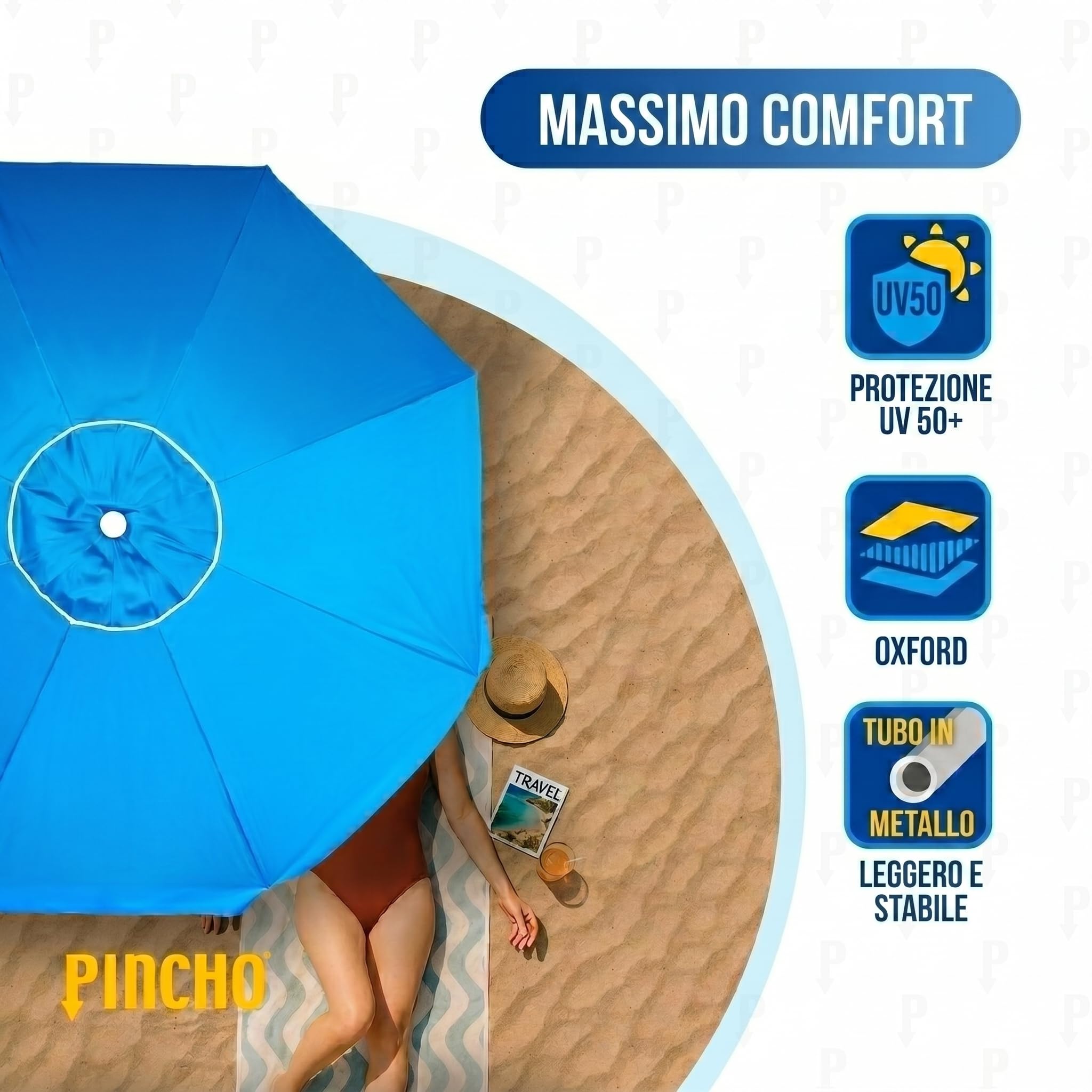 Pincho Ombrellone da Spiaggia Grande 240 cm, Ombrellone Mare Antivento 35 km/h, Protezione UV50, 8 Stecche Fibra di Vetro, Palo Inclinabile, Borsa e Picchetto Inclusi, Struttura Acciaio