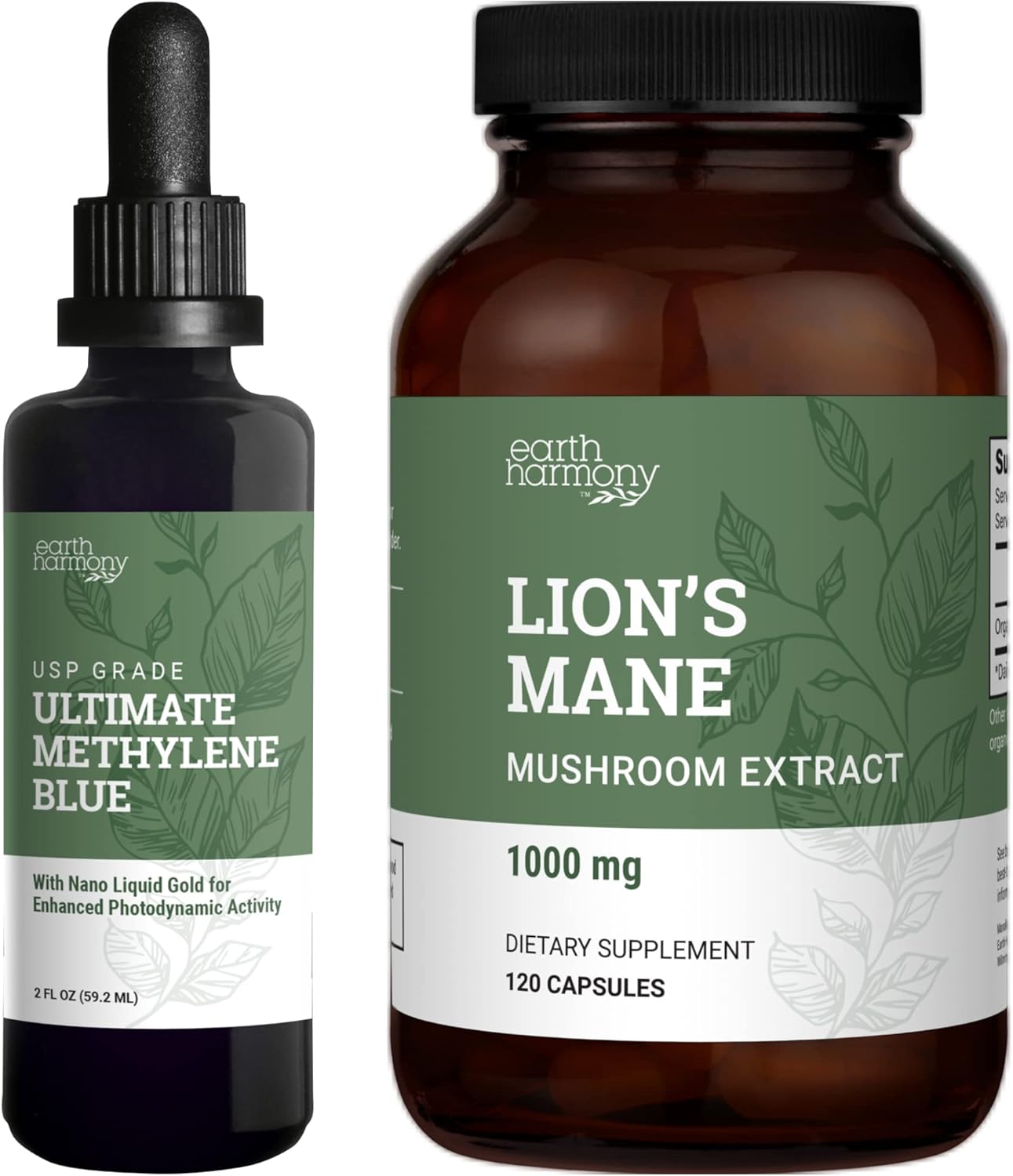 Earth Harmony Methylene Blue Pharmaceutical Grade & Lion's Mane 2 Fl Oz & 120