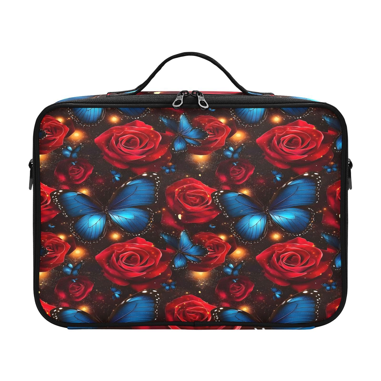 zyrtty Travel Makeup Train Case Blue Butterfly Red Rose Pattern Cosmetic Organizer Portable Storage Bag with Adjustable Dividers for Cosmetics Brushes Toiletry Jewelry Digital Accessories