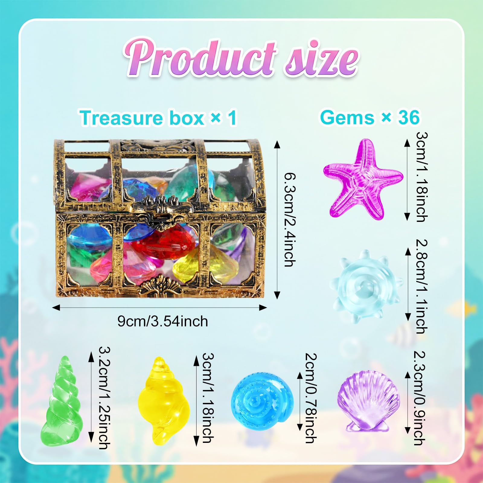 Set de Gemas Coloridos, 36 Gemas Piratas de Acrílico con 1 Cofre Pirata, Piedras Preciosas de Buceo, Juguetes de Piscina Diving Gems para Piscinas, Playas y Búsquedas del Tesoro (D)