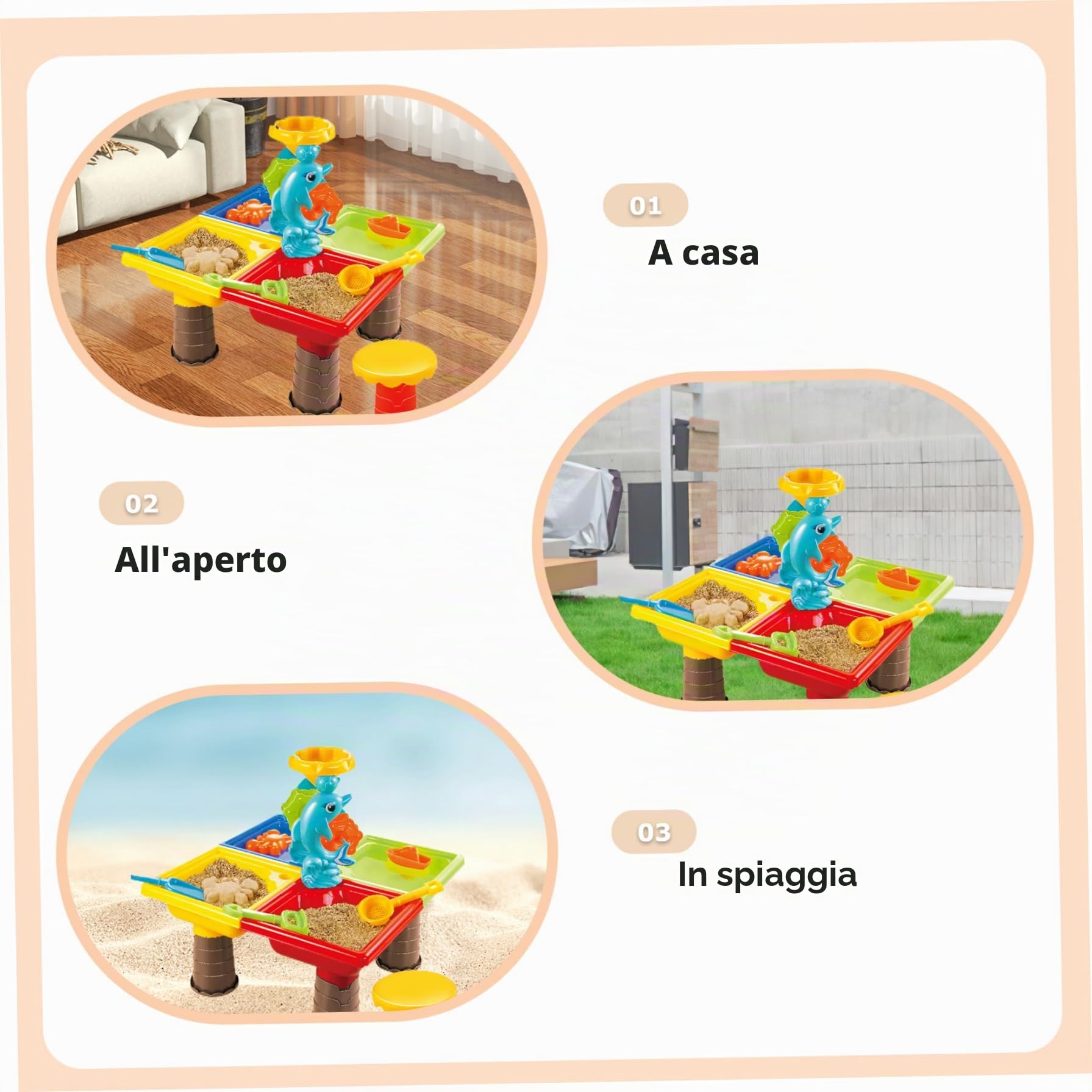 Tavolo da Acqua colorato per Bambini 1 Set Tavolo sensoriale Quadrato con Simpatico Delfino ABS Sabbia interattiva per Spiaggia all'aperto, Acqua per Bambini