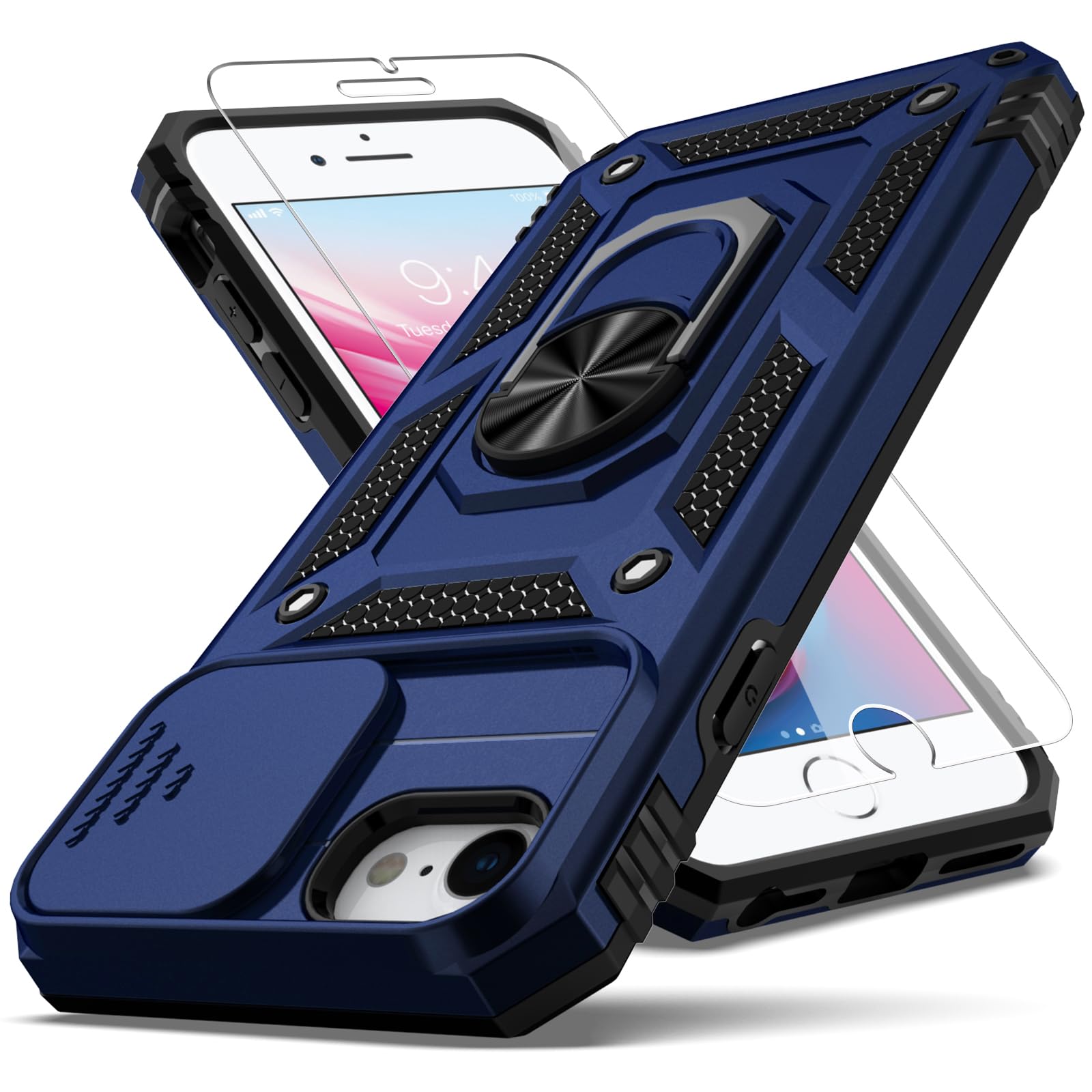 YZOK for iPhone SE Case 2022/3rd/2020/2nd gen/8/7, with Camera Lens Cover HD Screen Protector,[Military Grade] Car Mount Kickstand Shockproof
