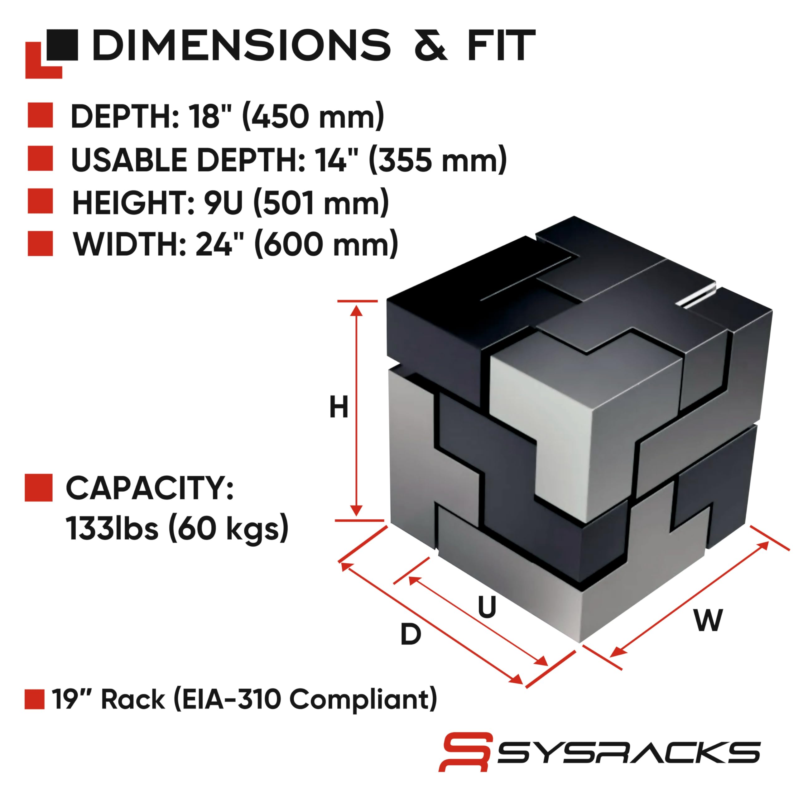 Sysracks 9U 18" Profondità montaggio a parete Server Cabinet Enclosure Rack di rete di bloccaggio - PDU a 8 vie - Ventola di raffreddamento - Mensola - Piedi - Hardware