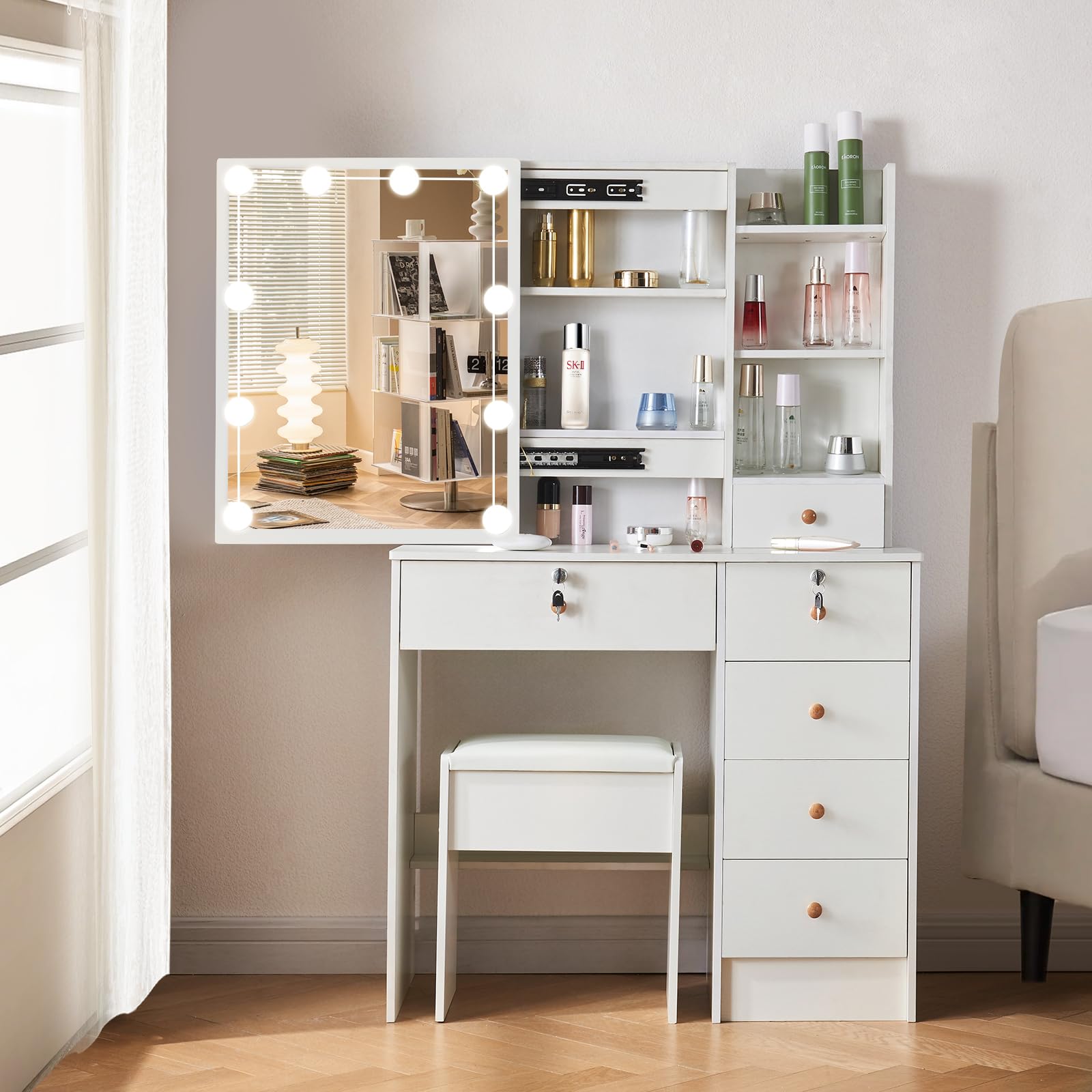 Vanrste Tocador con iluminación, tocador con espejo y taburete, tocador con 6 cajones, 6 estantes para dormitorio, 80 x 36 x 131 cm, VD6