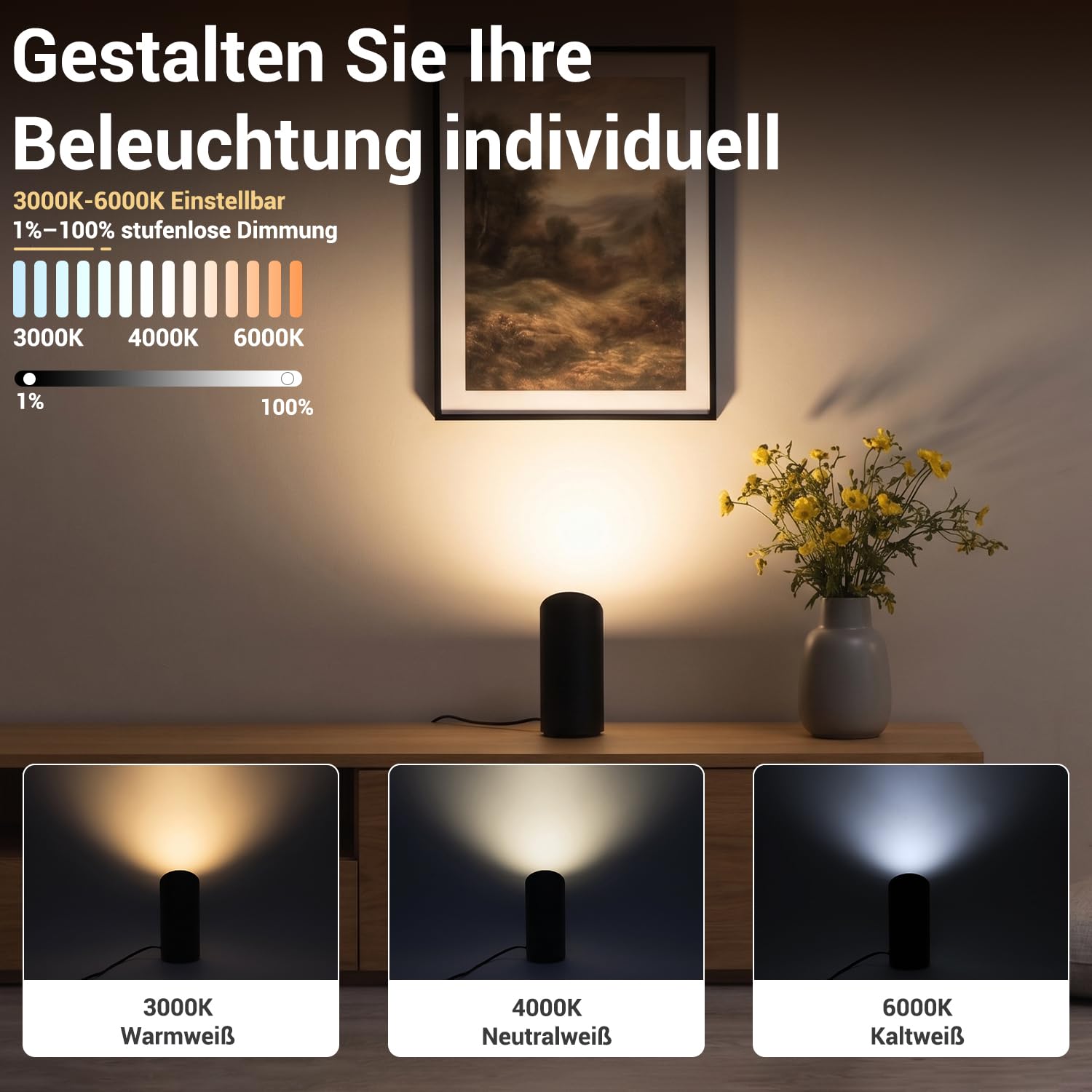 8W RGBW LED Uplight Spot Regulable, Lámpara de Suelo con Mando a Distancia/Interruptor de Pie, Control mediante aplicación, Temporizador, Modo Música Para Interiores Plantas Murales, (negro, 2 Pack)