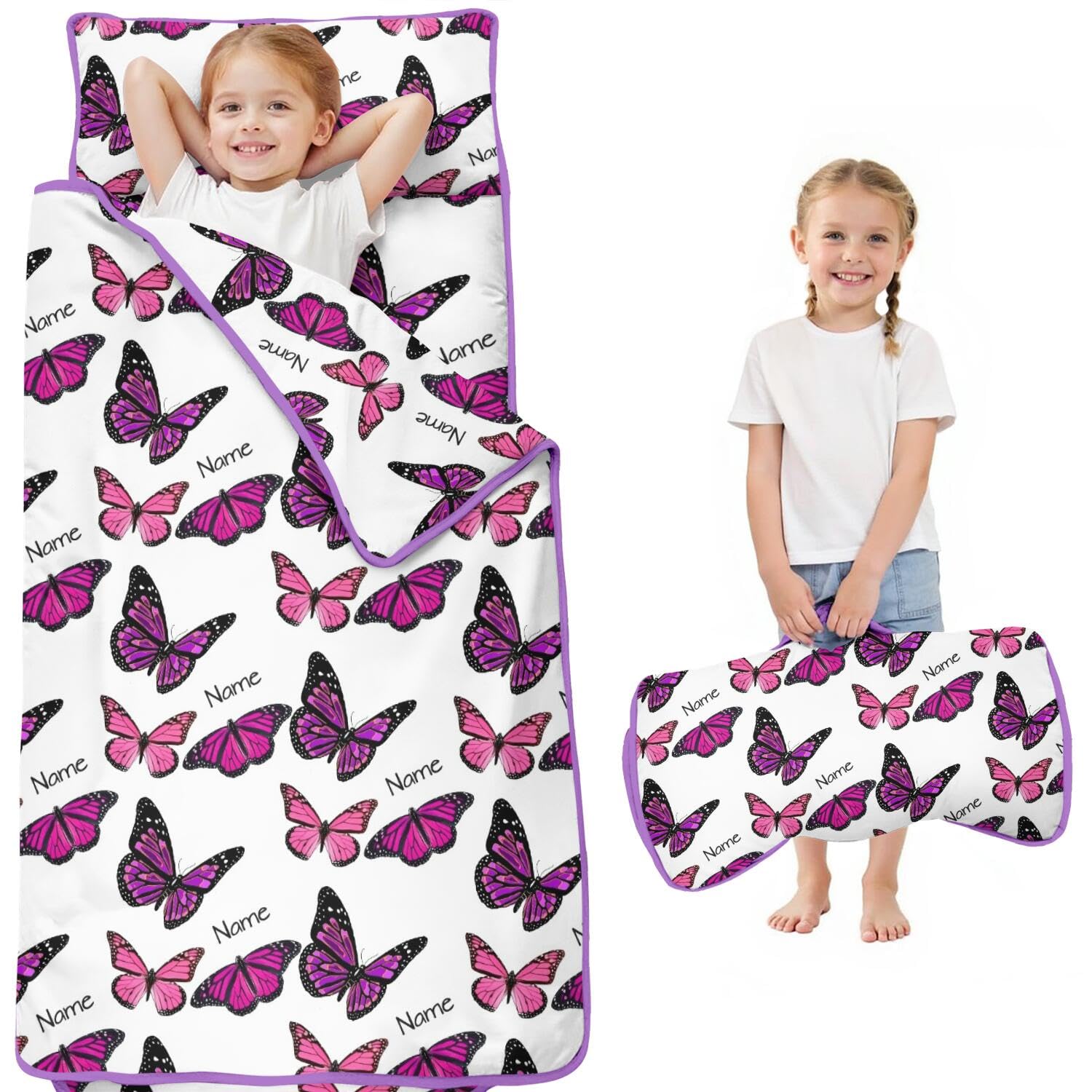 Personalized Toddler Nap Mat for Preschool Daycare Kindergarten, Custom Name Kids Nap Mat with Pillow and Blanket, Butterfly Sleeping Bag for Girls, Toddlers Napping Sack