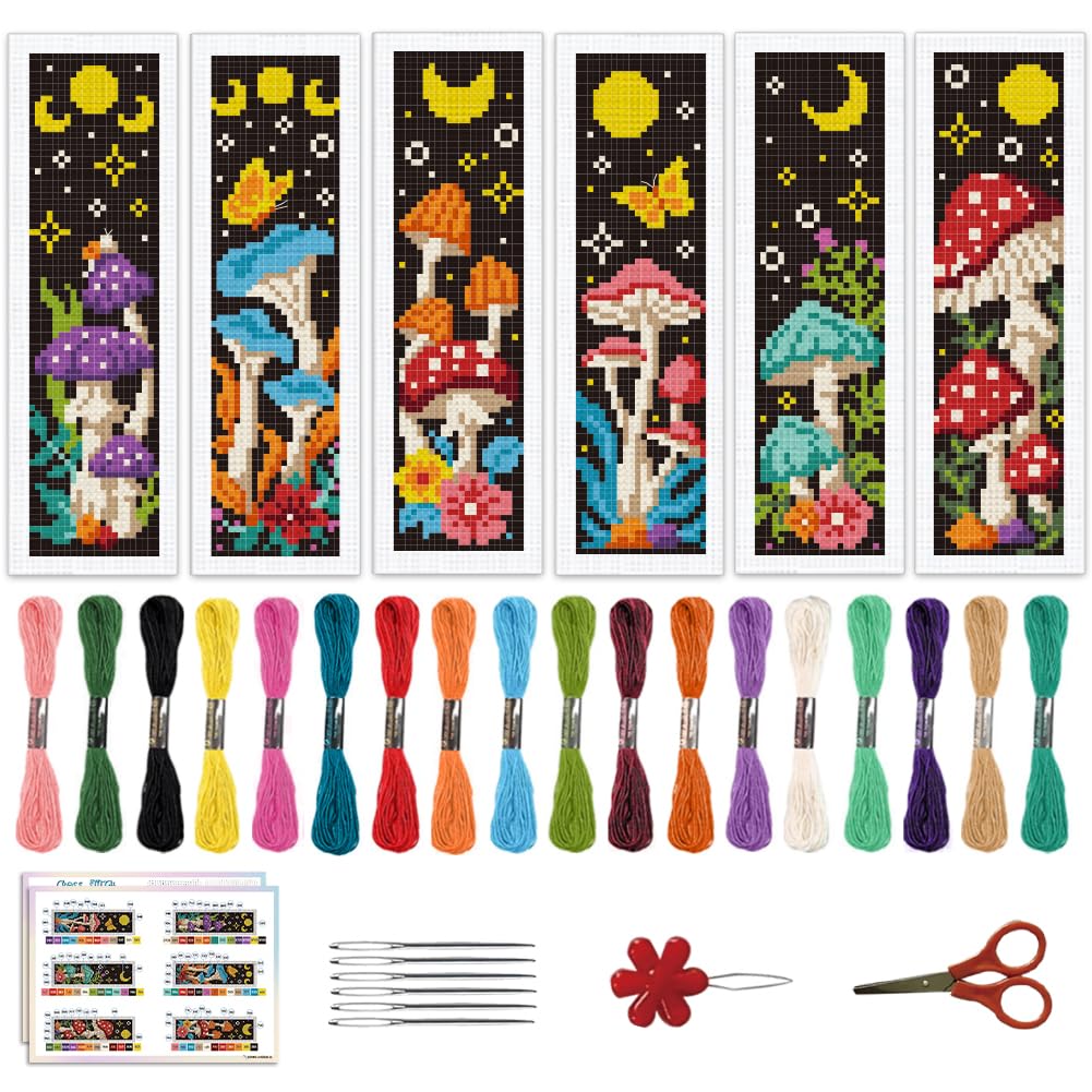 ACRNIGHEET 6PCS Cross Stitch Bookmark Kits Mushroom Pattern Stamped Cross Stitch Kits for Beginners Adults DIY Stamped Embroidery Bookmarks with Instructions Hand Embroidery Craft Gift