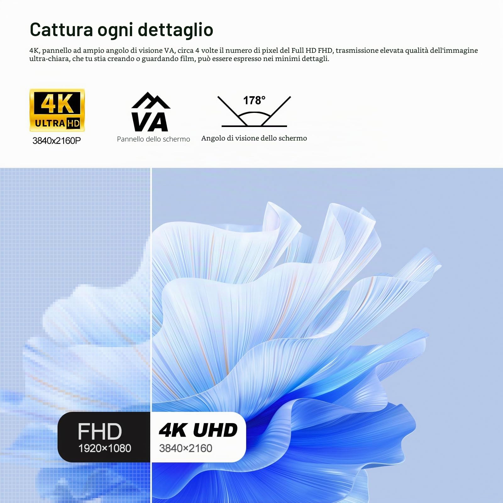 Gawfolk Display PC 4K UHD da 32 pollici, monitor per computer ultra nitido (3840×2160p), 100% sRGB, angolo di visione di 178°, porta HDMI、Display, compatibile con montaggio a parete 100 * 100MM - Nero