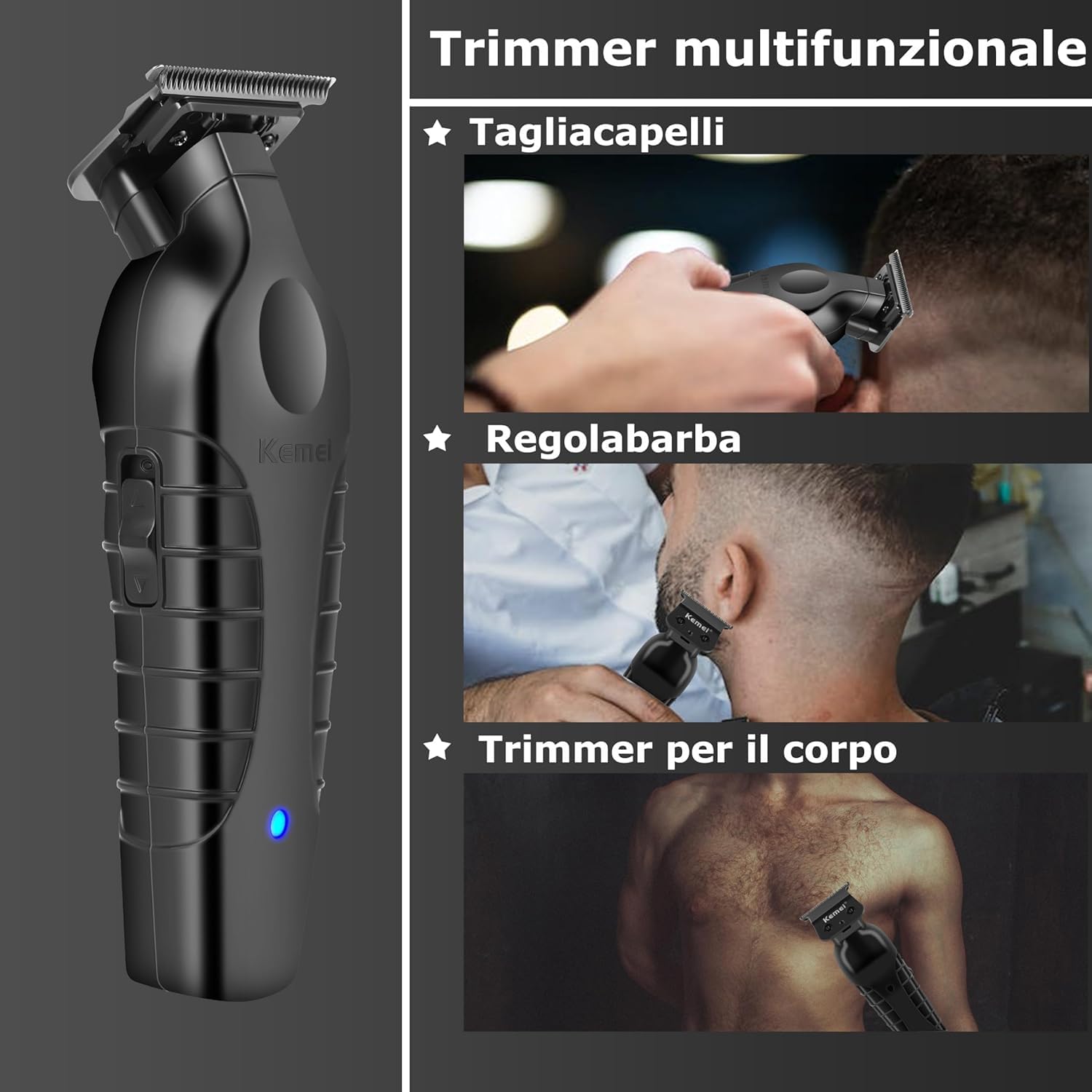 Tagliacapelli Professionale Multifunzionale, Batteria 1200mAh, 180 Minuti di Autonomia, Lama T Zero Gap, Ricarica USB, Nero