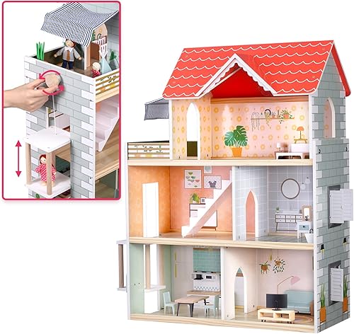 Miniatura 4 de Giant Bean Casa de muñecas de madera de 26 pies de alto con ascensor timbre luz 52 muebles y 5 muñecas